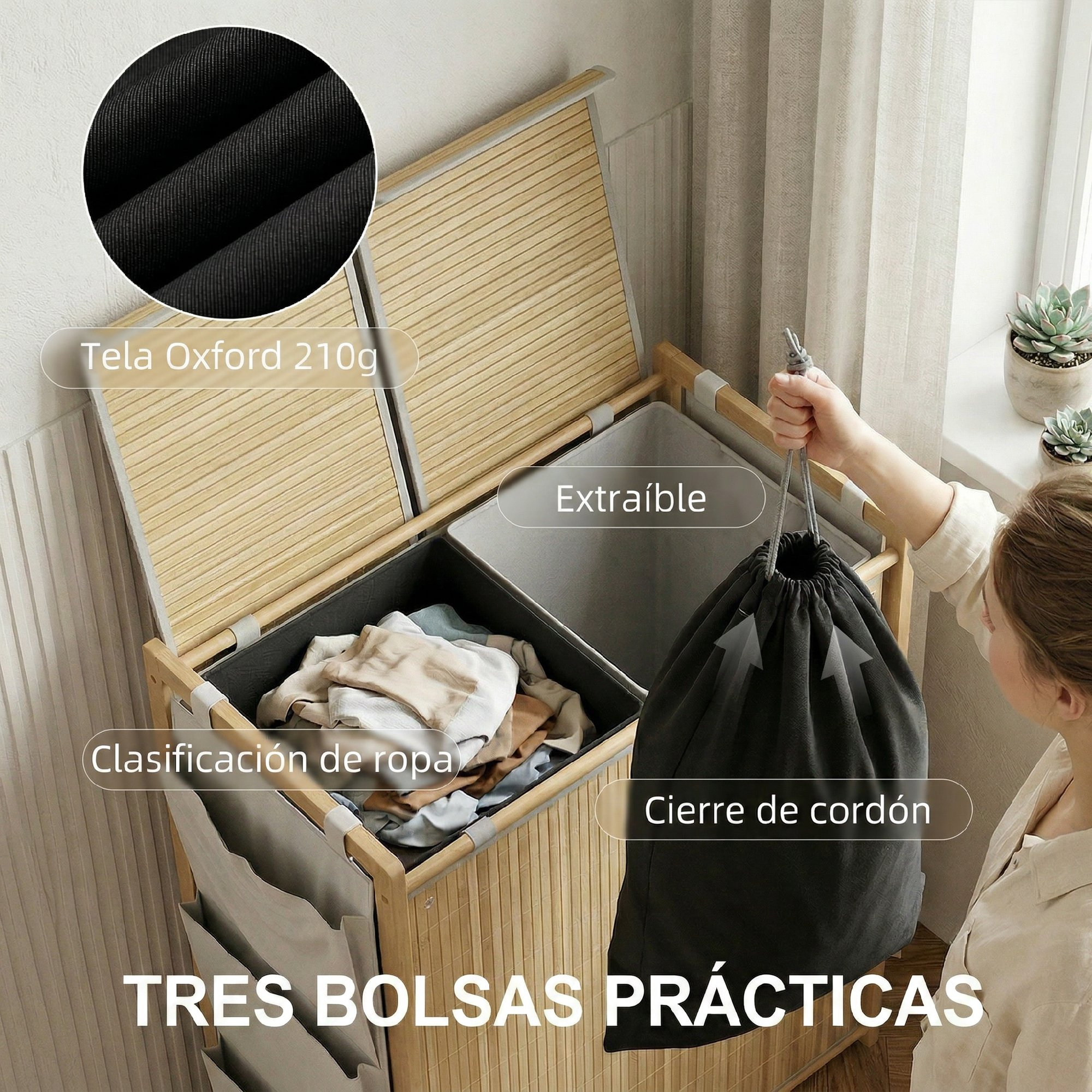 Una cesta de lavandería de madera con tres compartimentos, llena de ropa. Un compartimento está abierto.