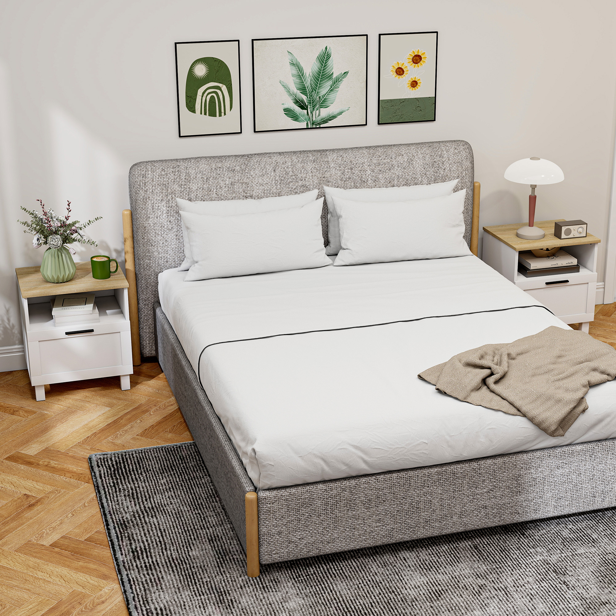 Un dormitorio con cama, mesitas de noche y arte de pared.