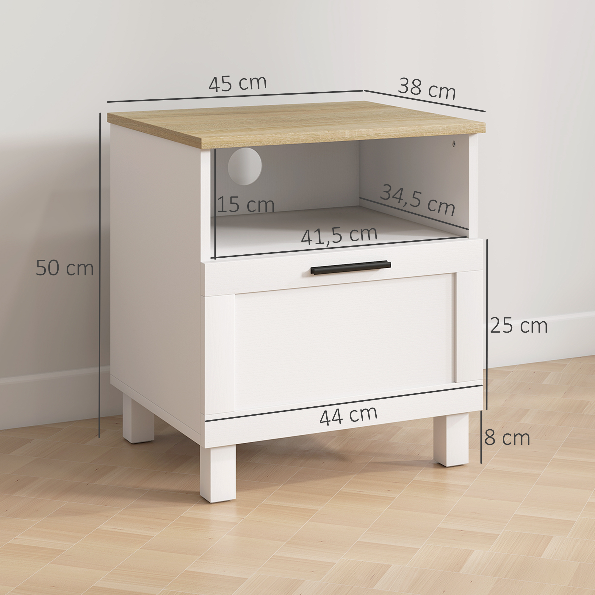 Mesita de noche blanca con tapa de madera. Se muestran las dimensiones.