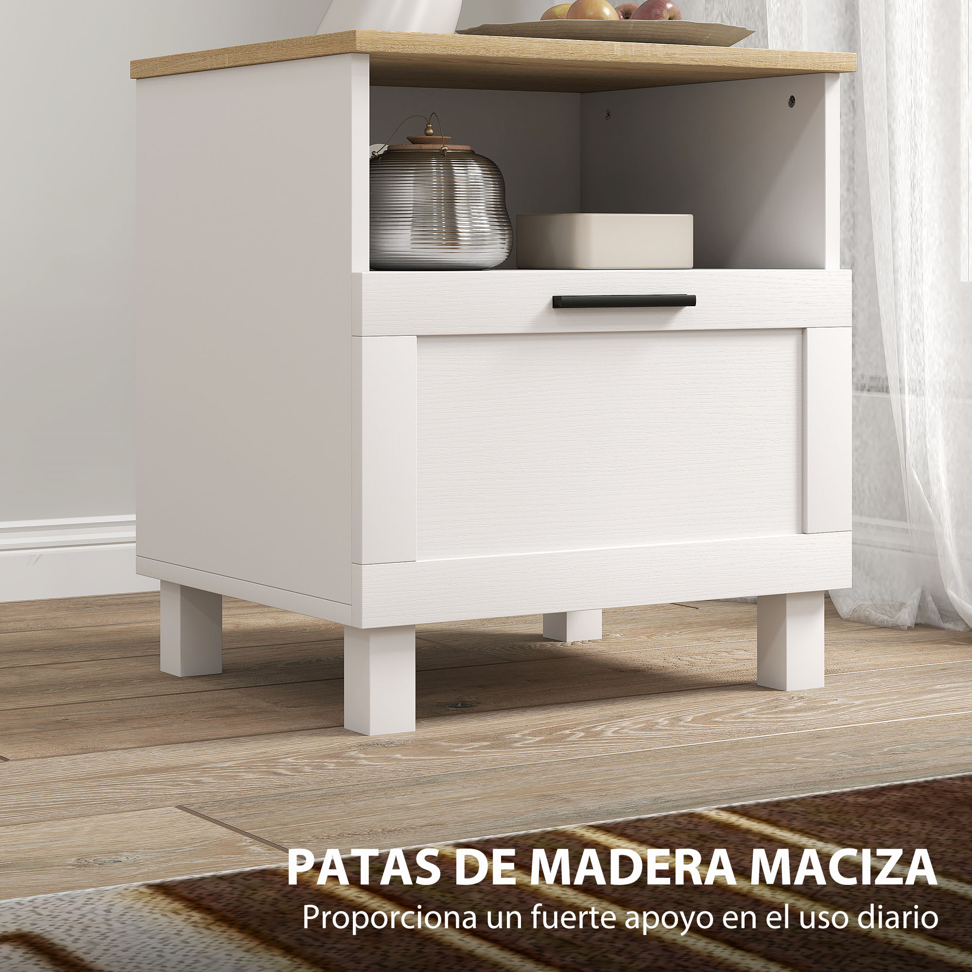 Una mesita de noche blanca con tapa de madera, cajón y adornos.