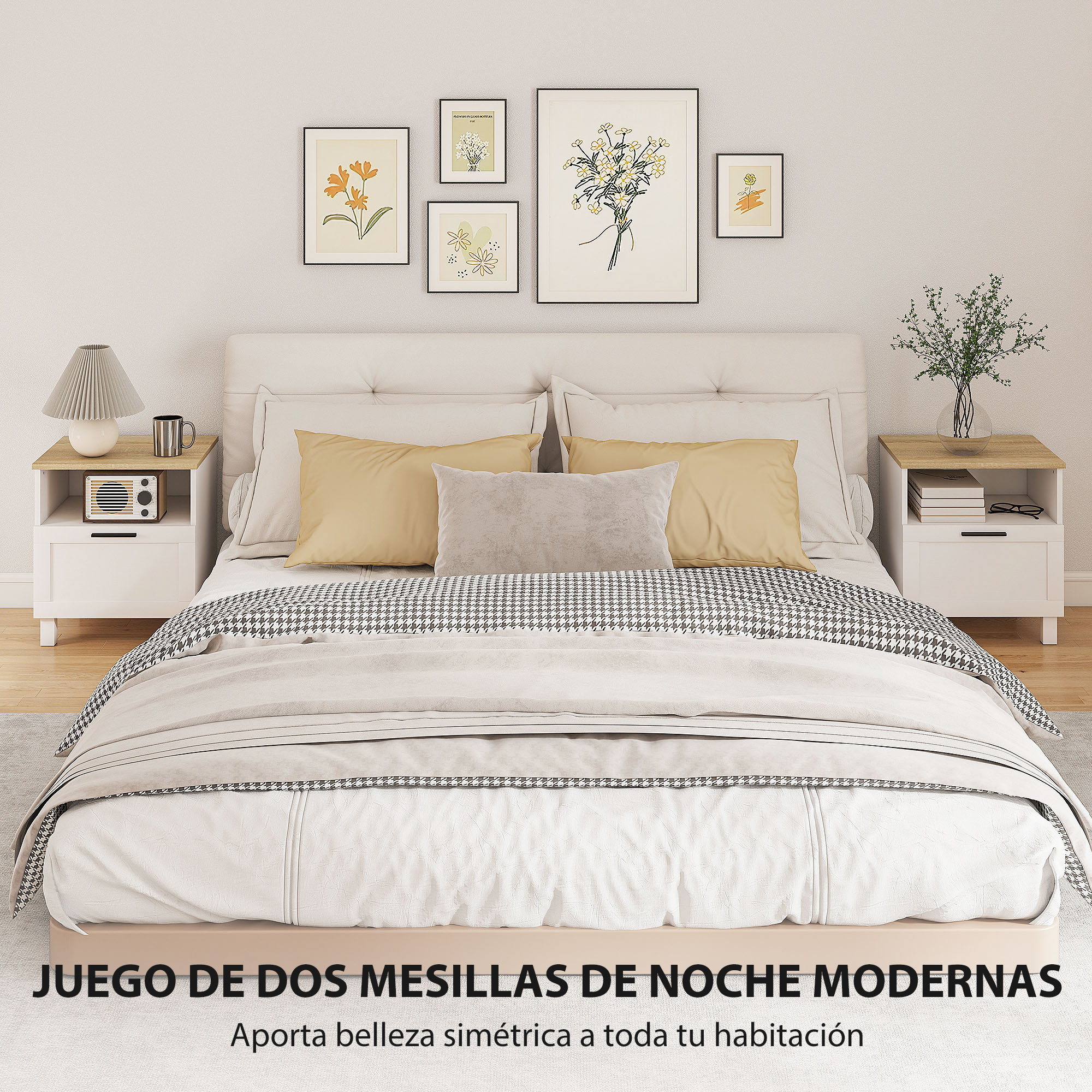 Dormitorio moderno con cama, dos mesitas de noche, lámpara, radio y cuadros.