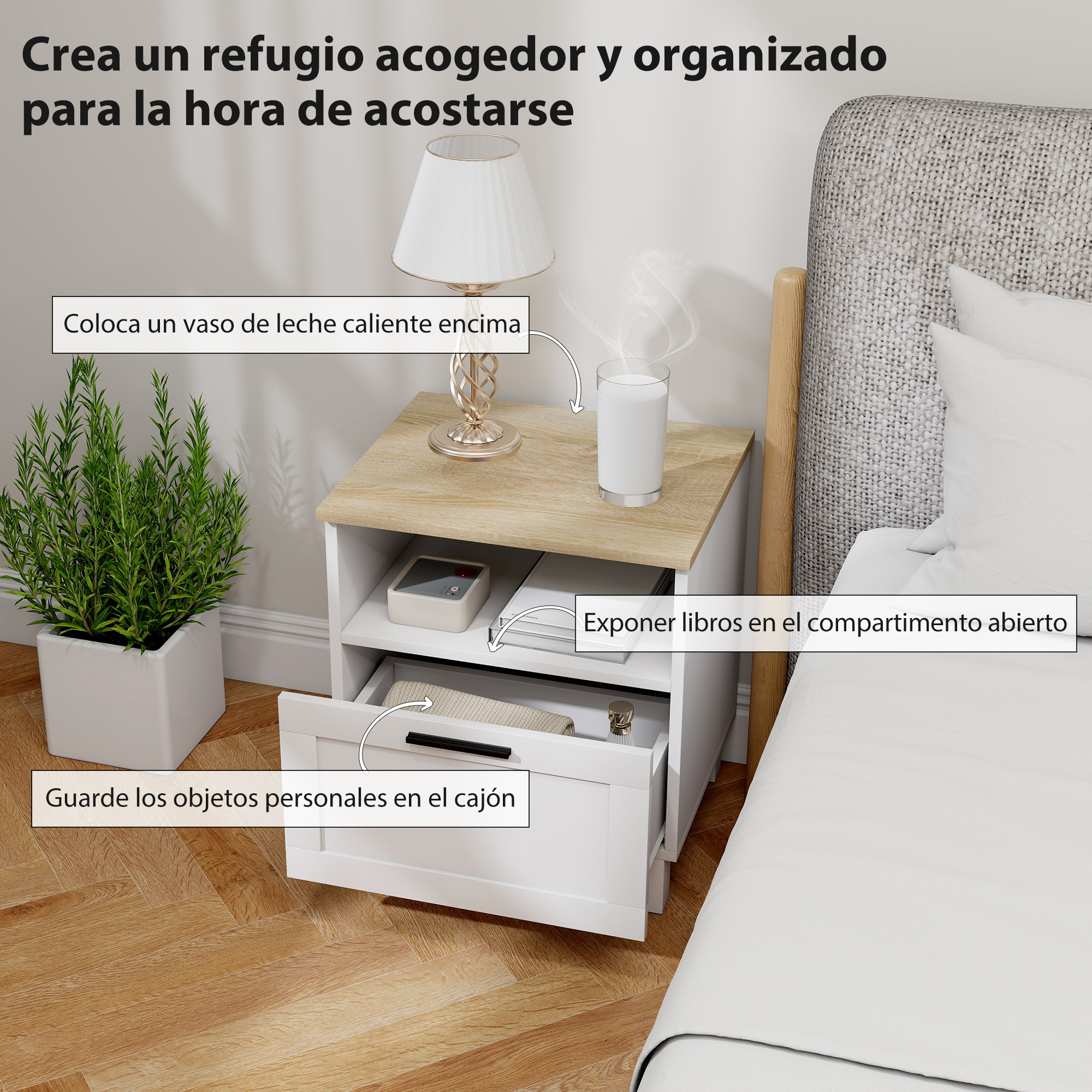Una mesita de noche junto a una cama con lámpara, vaso de leche, planta y cajón abierto.