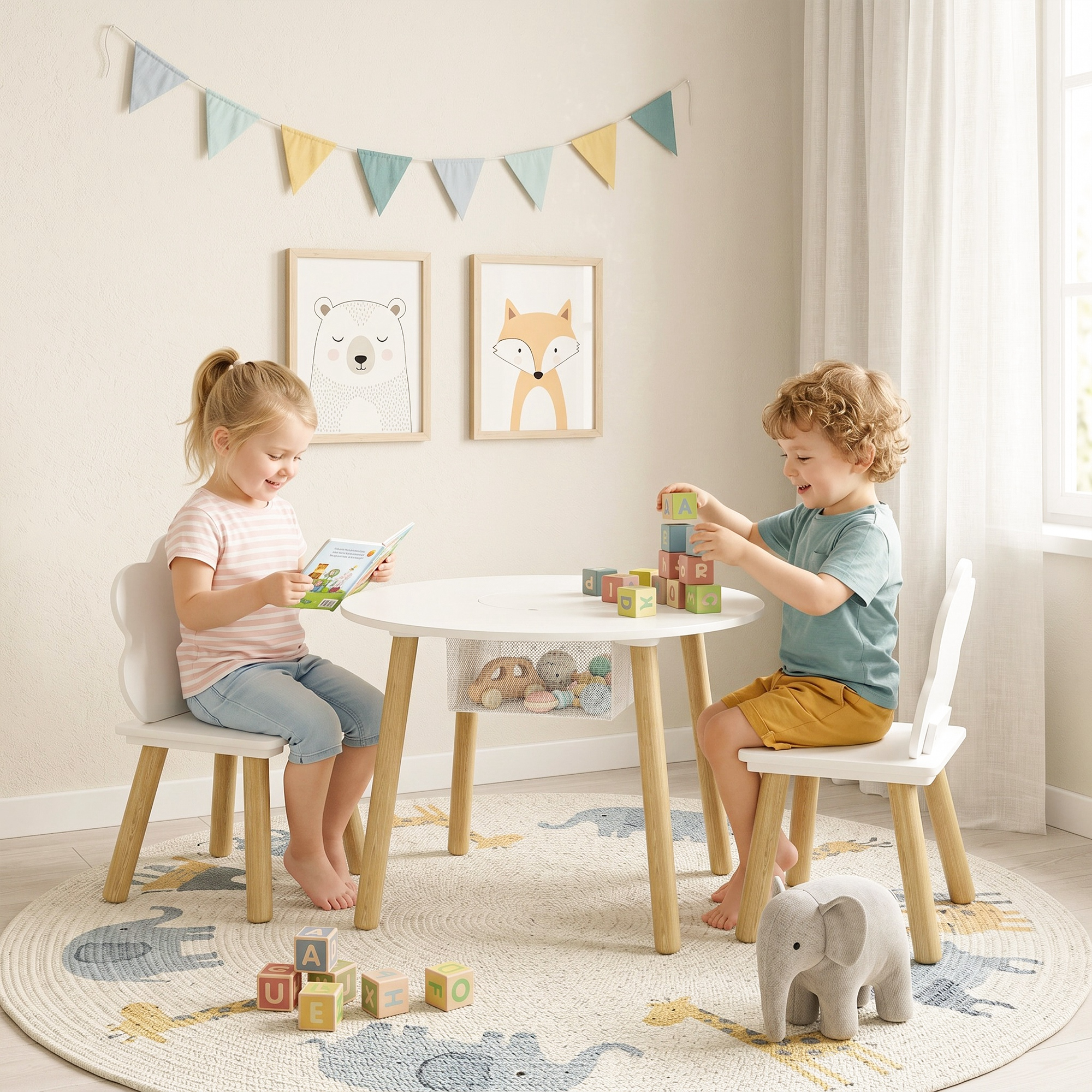 Dos niños juegan en una mesa. Una niña lee, un niño apila bloques.