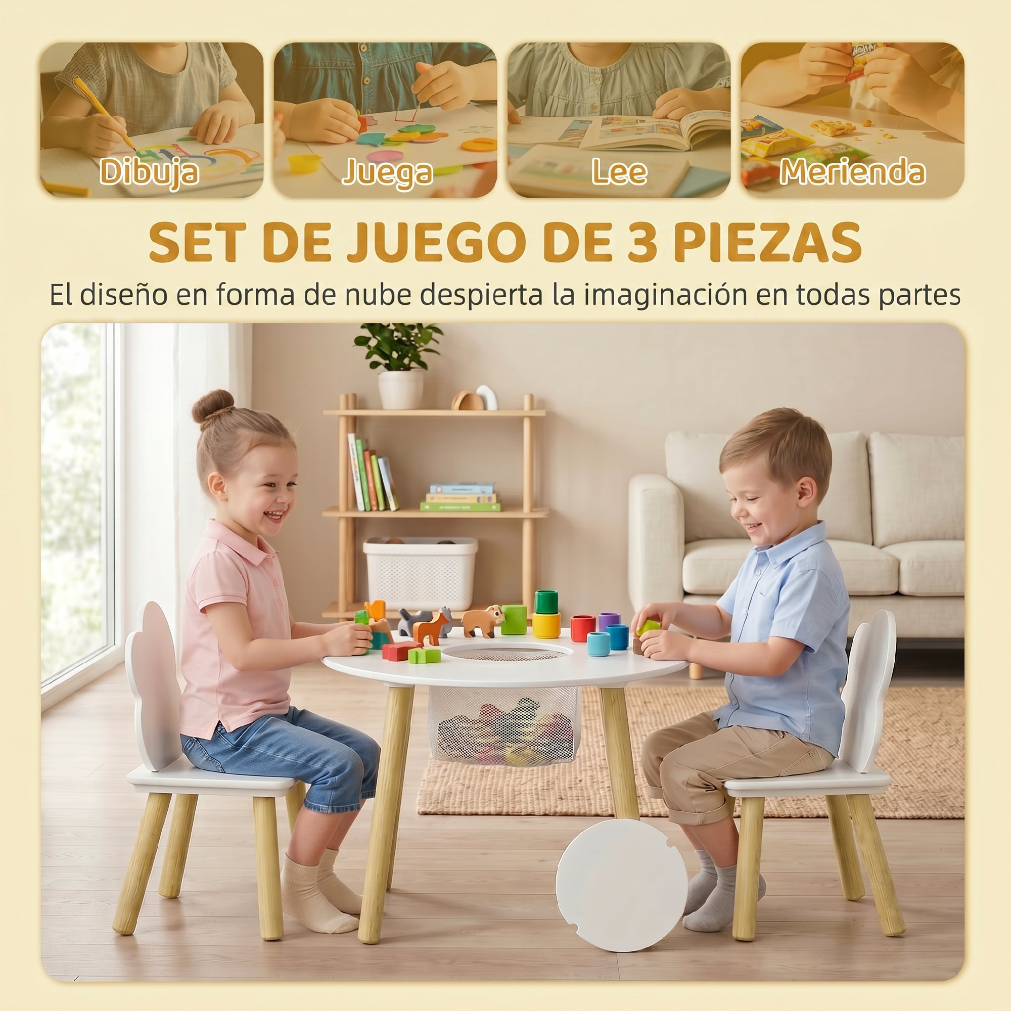Dos niños juegan en una mesa blanca con patas de madera y bloques coloridos.
