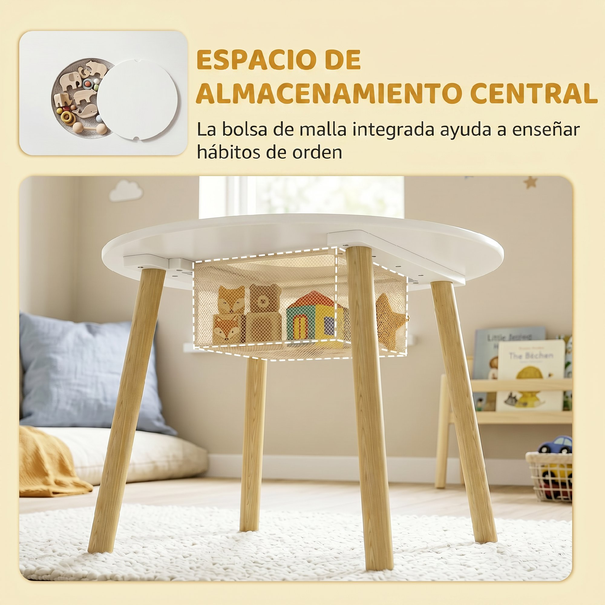 Mesa infantil con bolsa de almacenamiento y juguetes.