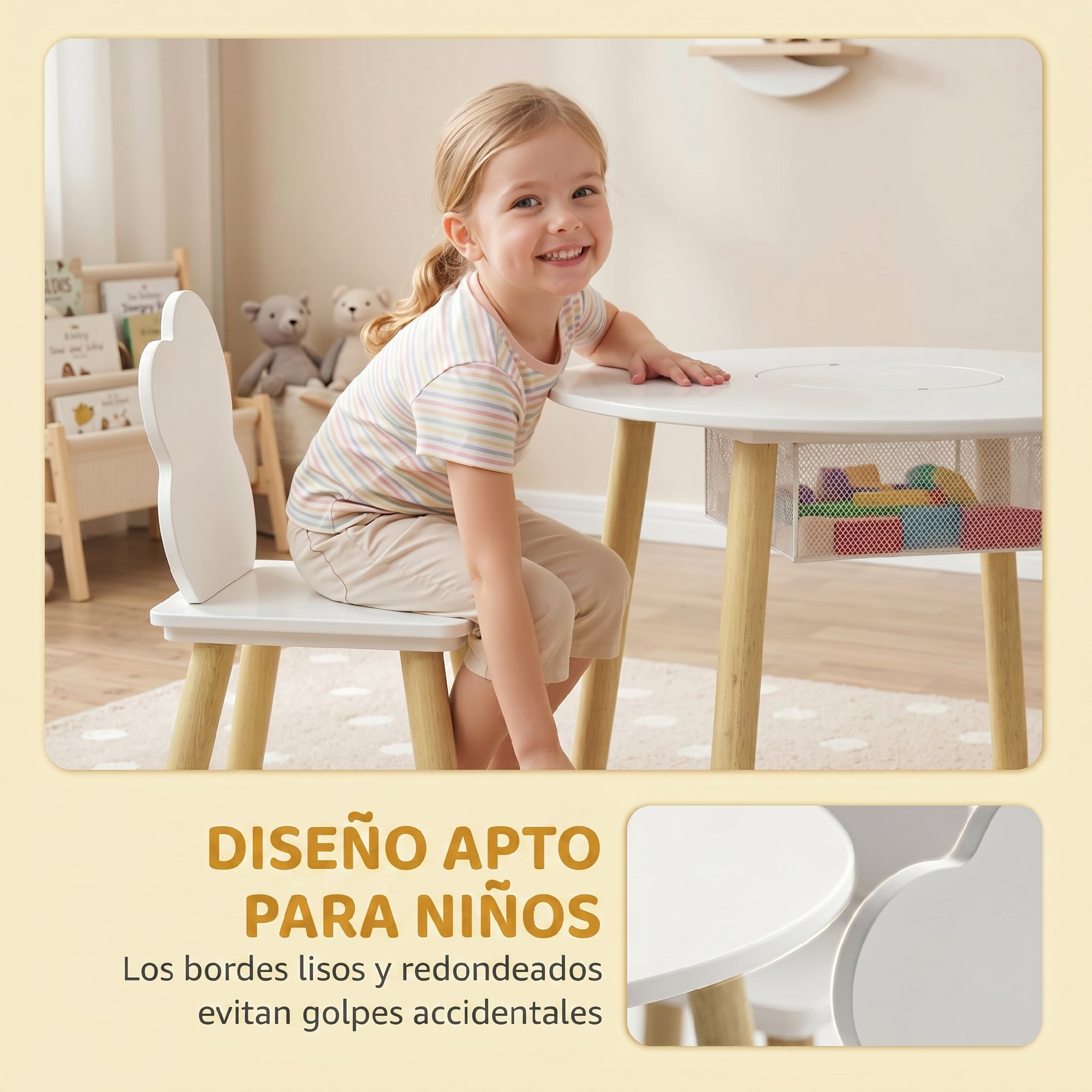 Una niña pequeña se sienta en una mesa infantil con juguetes en una cesta de malla debajo.
