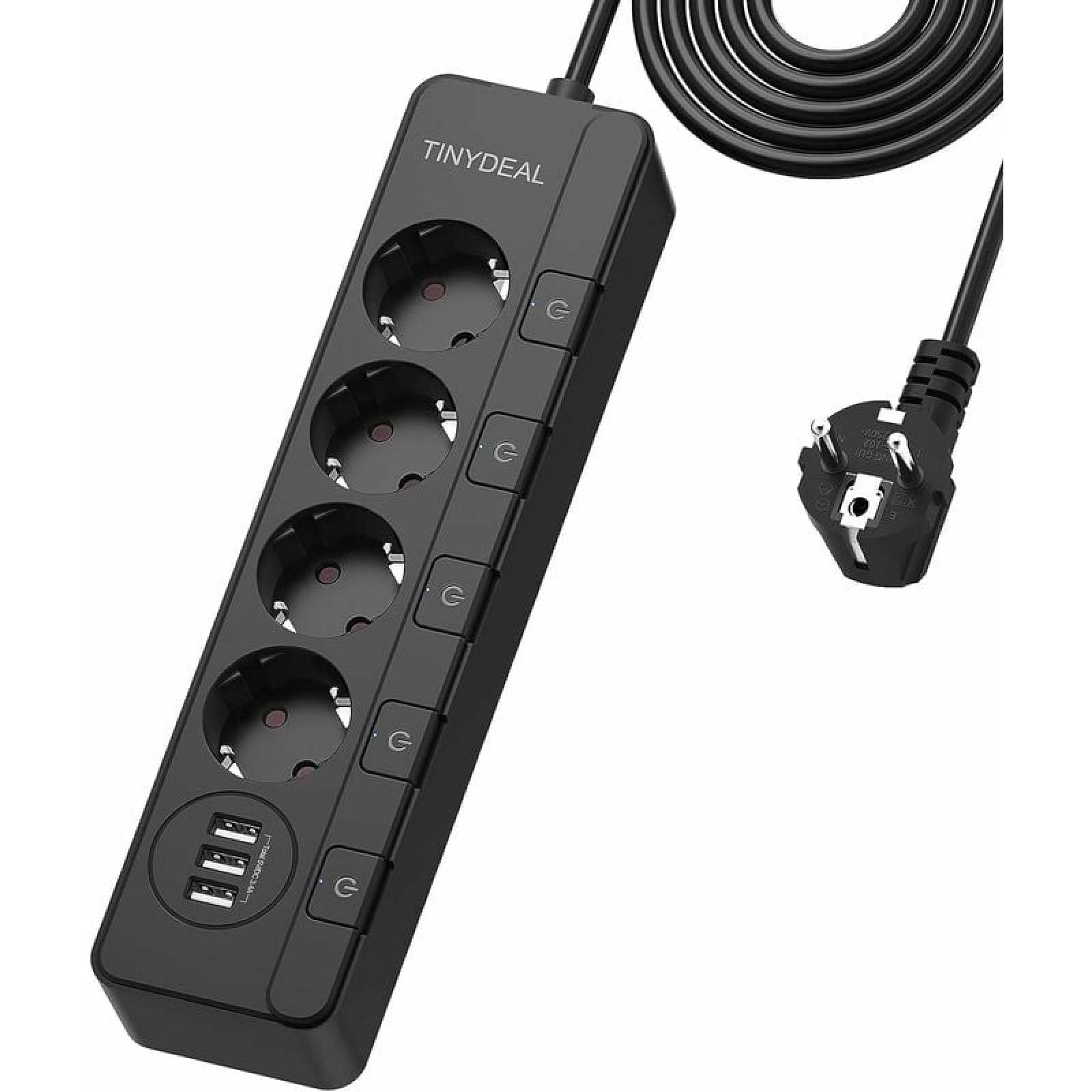 Schwarzer Mehrfachsteckdosenadapter mit 4 Steckdosen, 3 USB-Anschlüssen und Stecker.