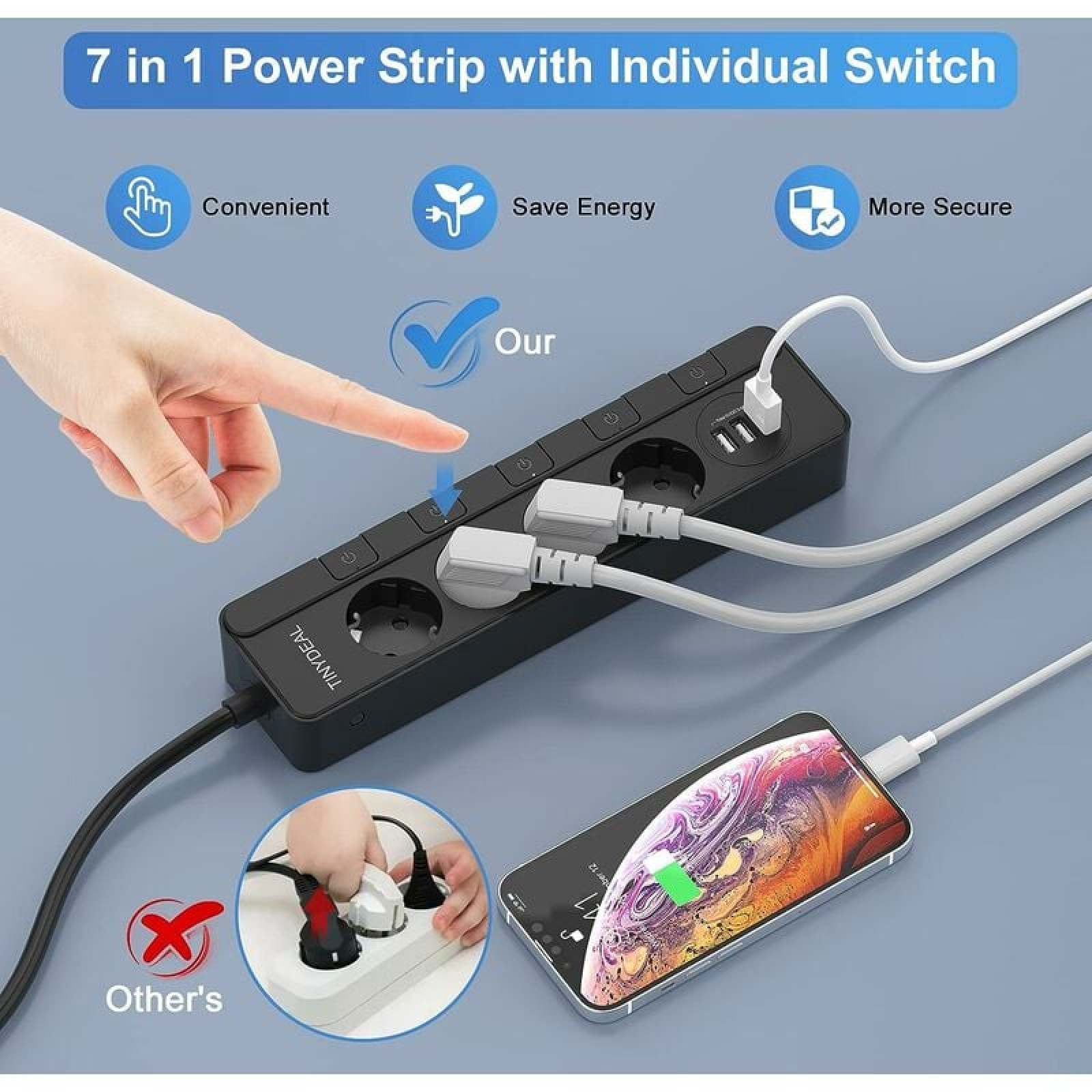 Schwarze Steckdosenleiste mit 7 Steckplätzen und USB-Anschlüssen, lädt ein Handy. Verfügt über Einzelschalter.