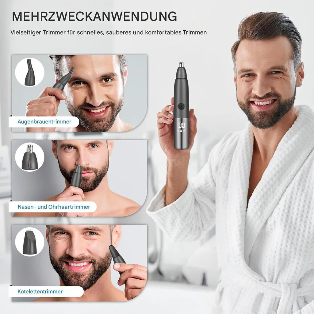 Mann in weißem Bademantel hält Trimmer. Mehrere Anwendungsvideos im Hintergrund.