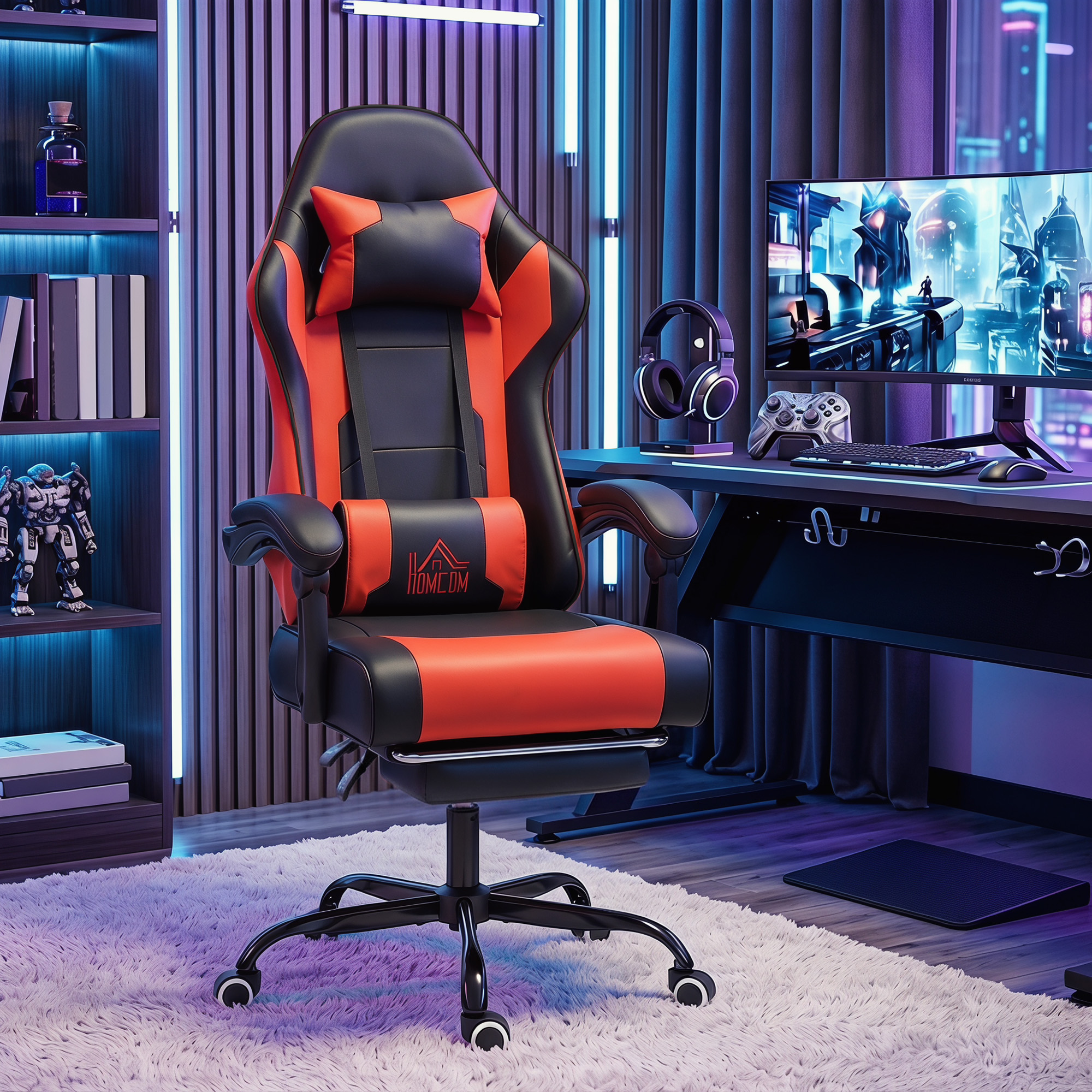 Una silla gamer negra y naranja sobre una alfombra peluda.