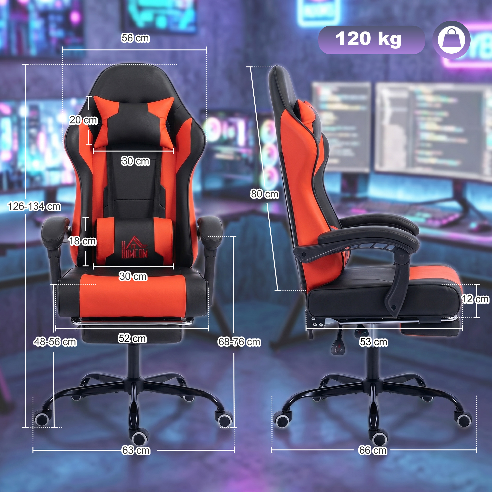 Una silla gamer naranja y negra con dimensiones y límite de 120 kg.