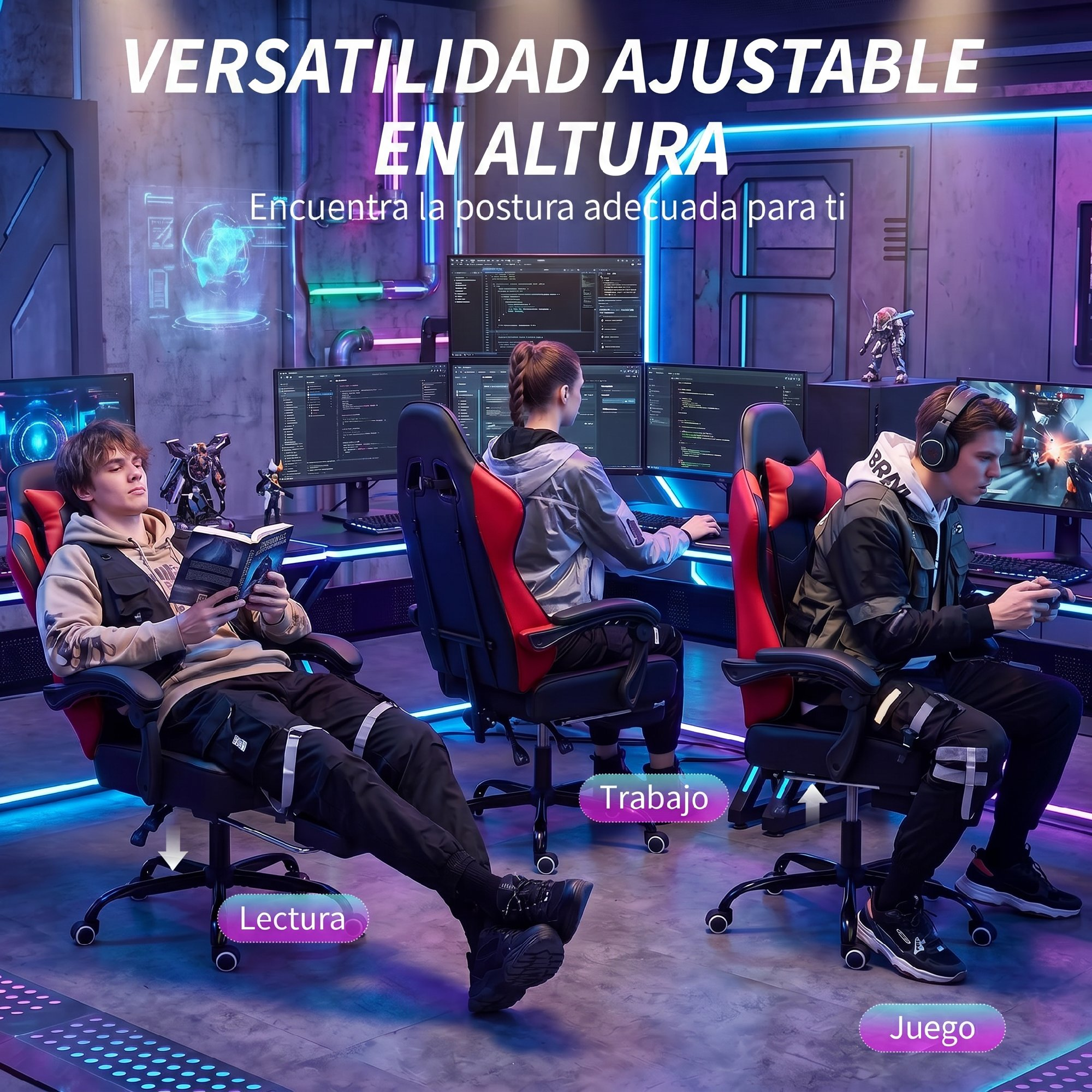 Tres personas sentadas en sillas gamer frente a computadoras. Uno lee, uno trabaja, uno juega.