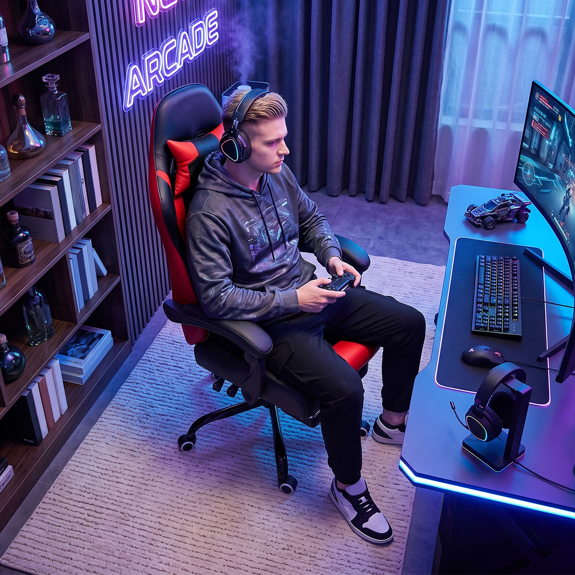 Un hombre sentado en silla gamer con auriculares, jugando con mando.