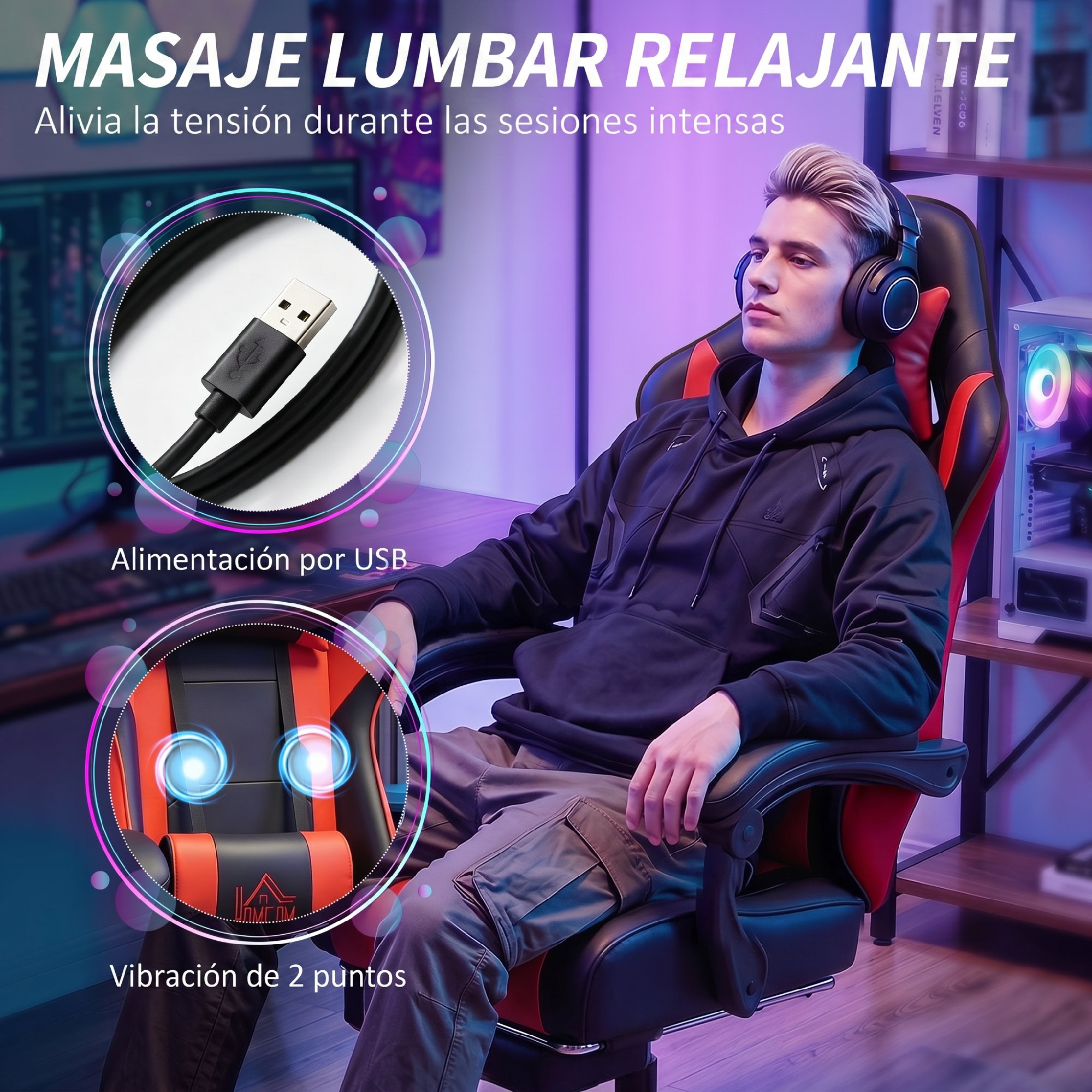 Hombre en silla gamer con audífonos, alimentación USB y vibración.