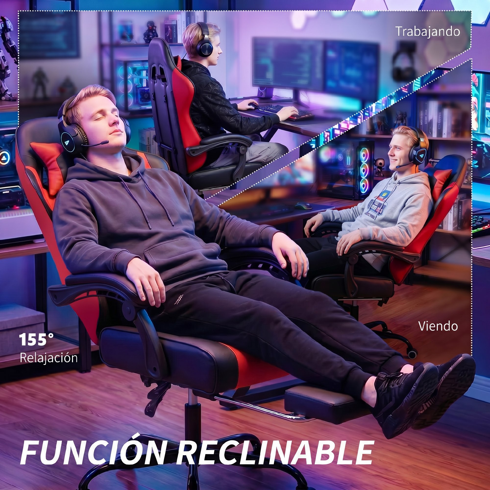 Un hombre en silla gamer con reposapiés extendido, otro trabajando en PC.