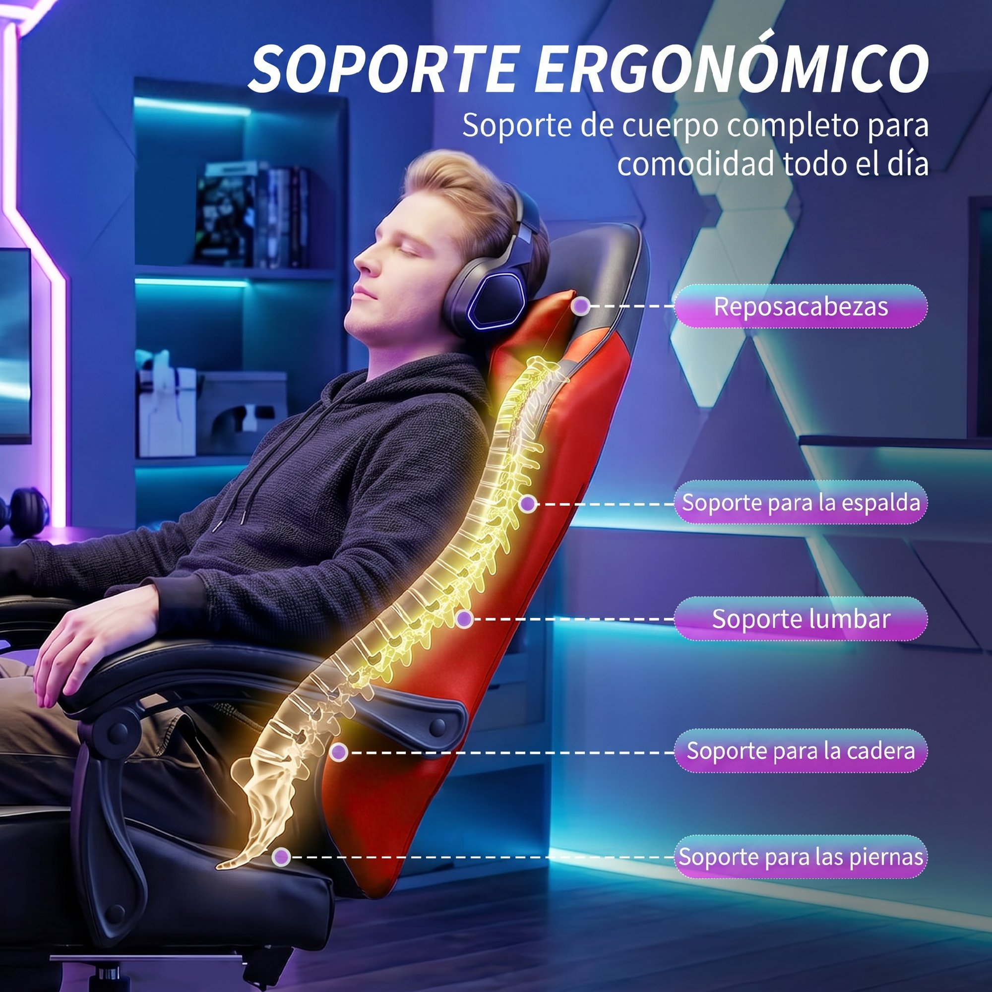 Hombre en silla ergonómica con ilustración detallada de la columna y etiquetas.