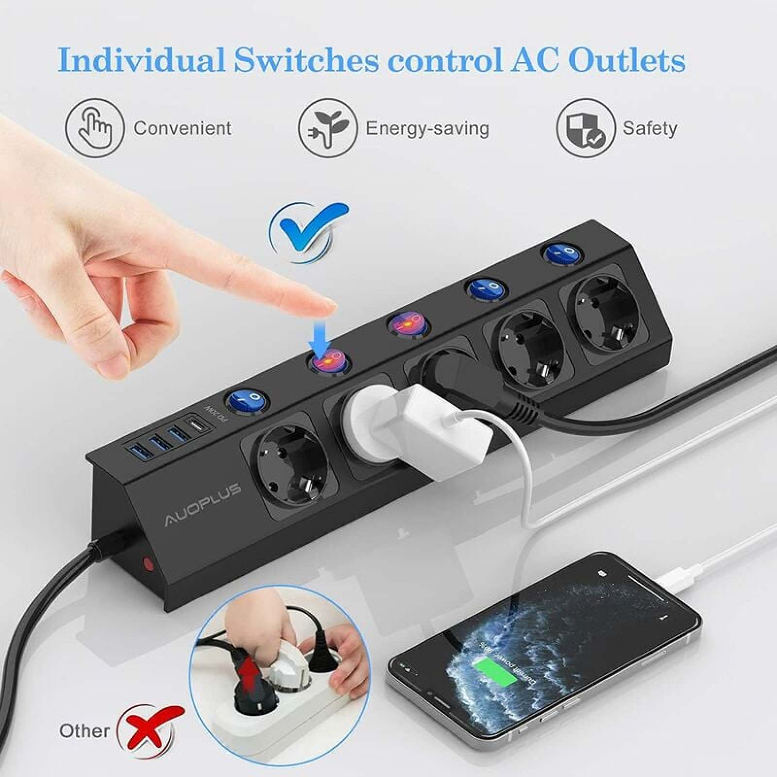 Schwarze Steckdosenleiste mit einzelnen Schaltern, USB-Anschlüssen und einem Handy-Ladekabel.