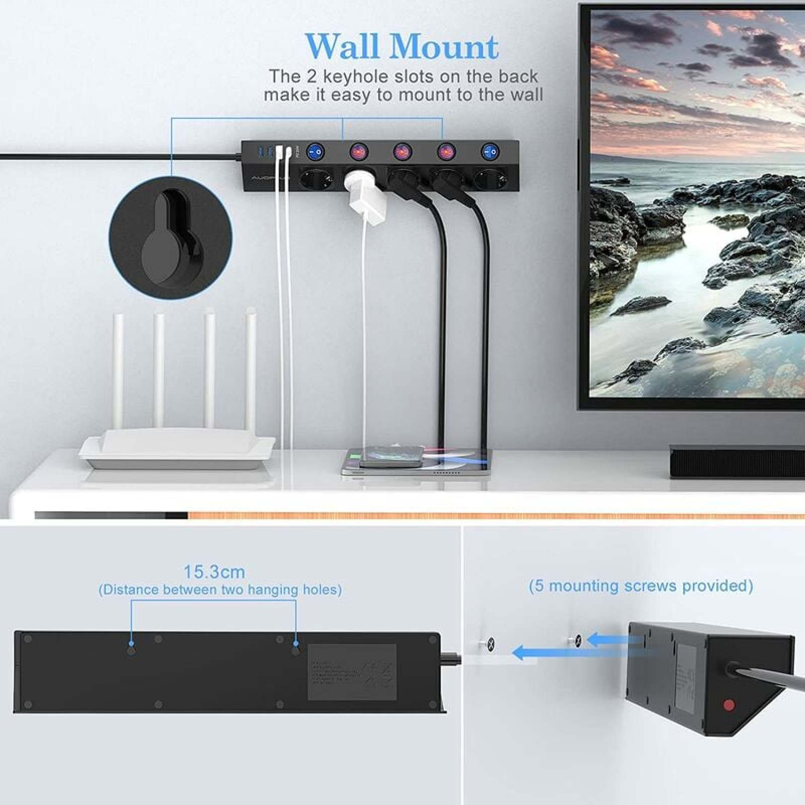 Eine Steckdosenleiste mit 4 Steckdosen und 2 USB-Anschlüssen, an der Wand montiert.