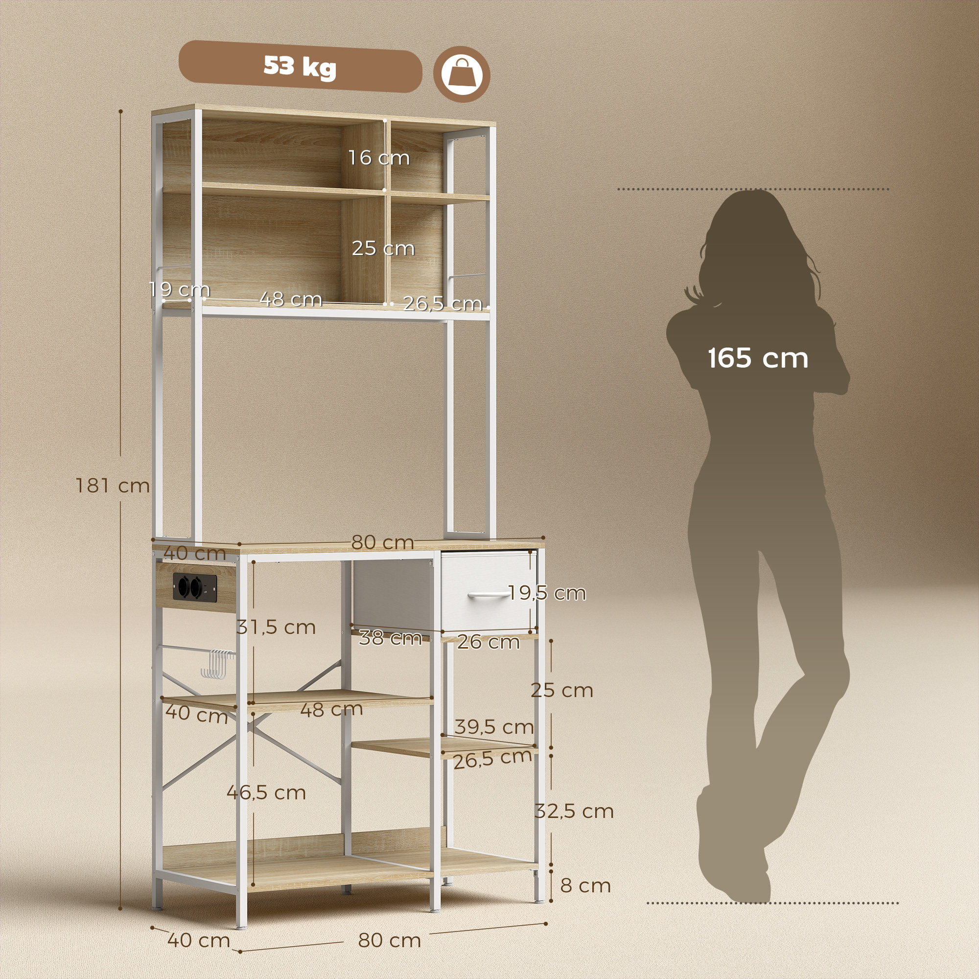 Estantería de metal blanco con baldas de madera. Se indican las dimensiones. Junto a la silueta de una mujer.