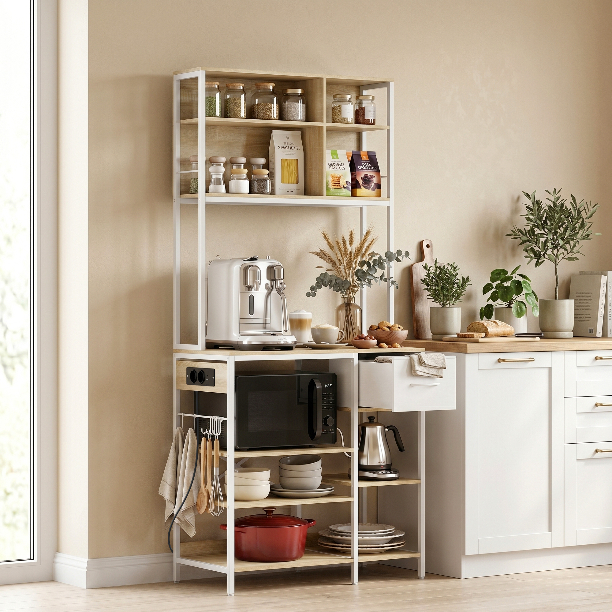 Una isla de cocina blanca con estantes, microondas, cafetera y platos.