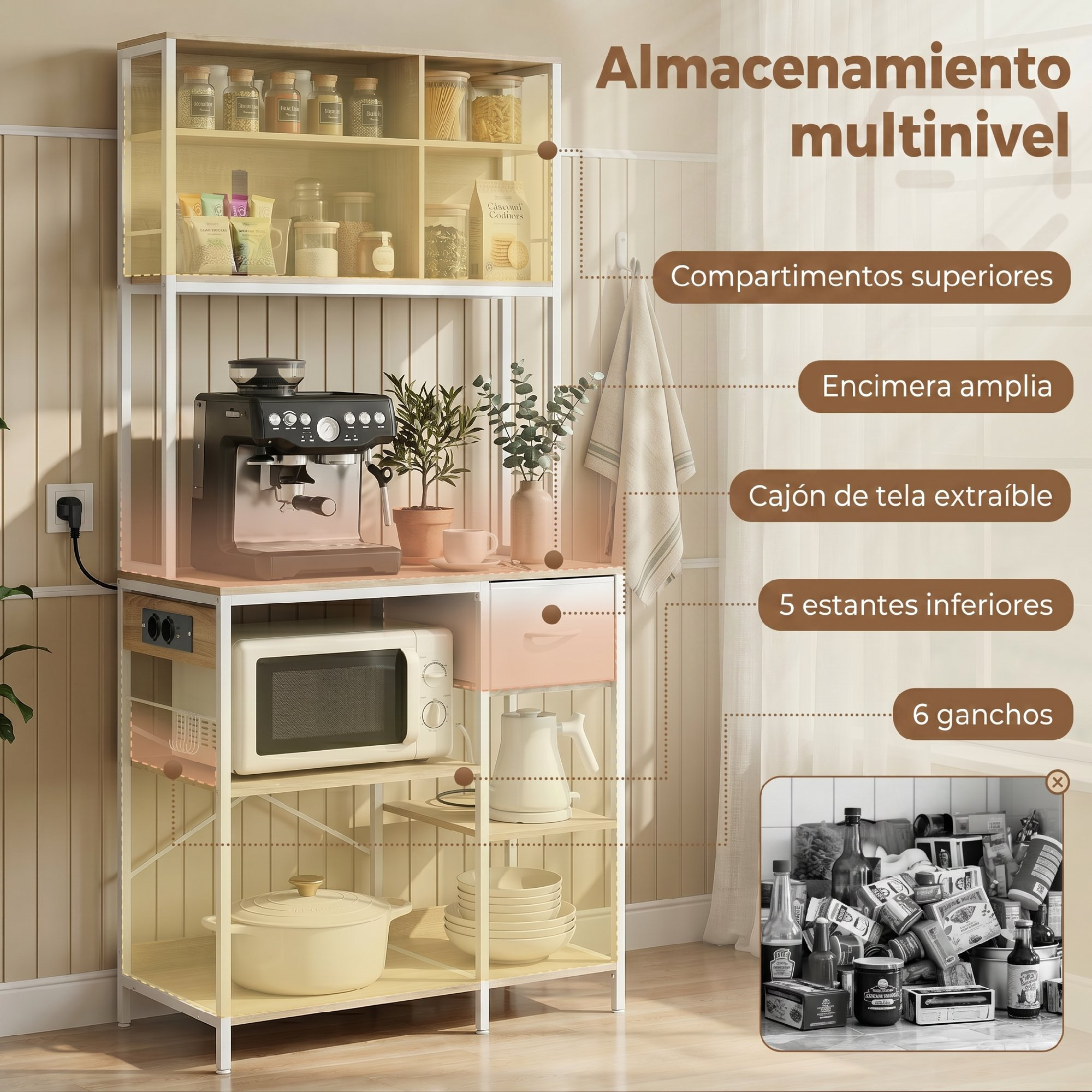 Estante de cocina multinivel con cafetera, microondas, olla, cuencos y especias.