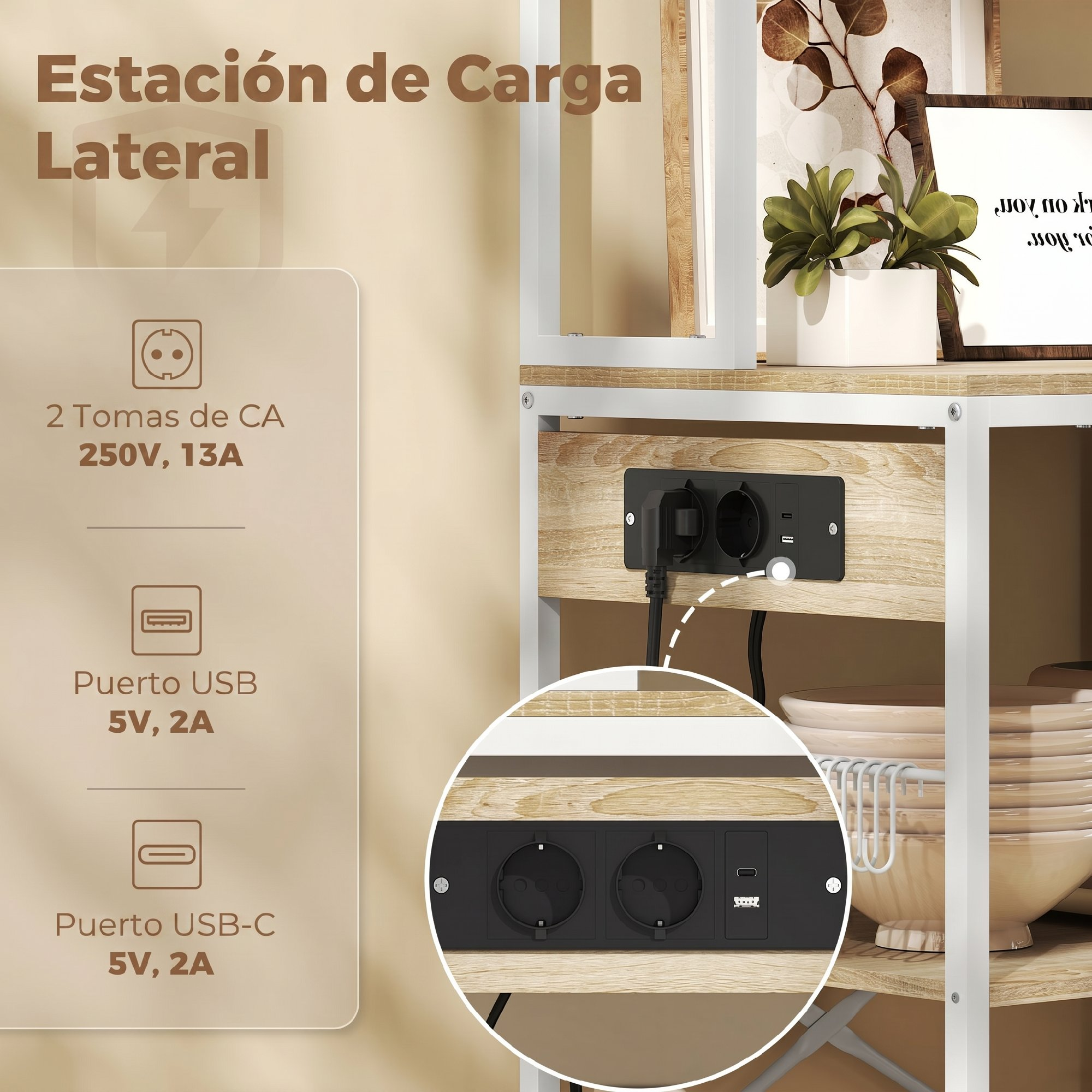 Estación de carga lateral con 2 tomas de CA, 2 puertos USB, 1 USB-C.