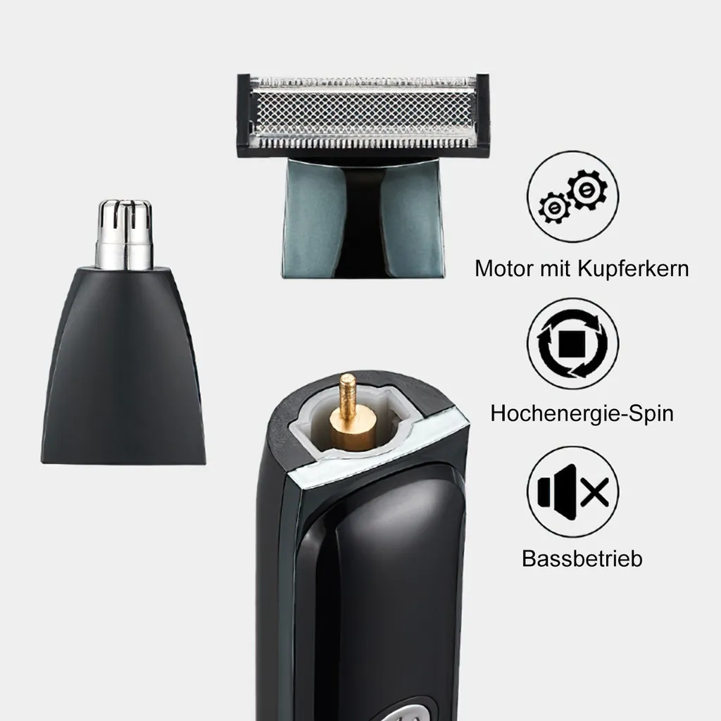 Details eines Trimmers: Klinge, Aufsatz, Motor, Spin und Bassbetrieb.