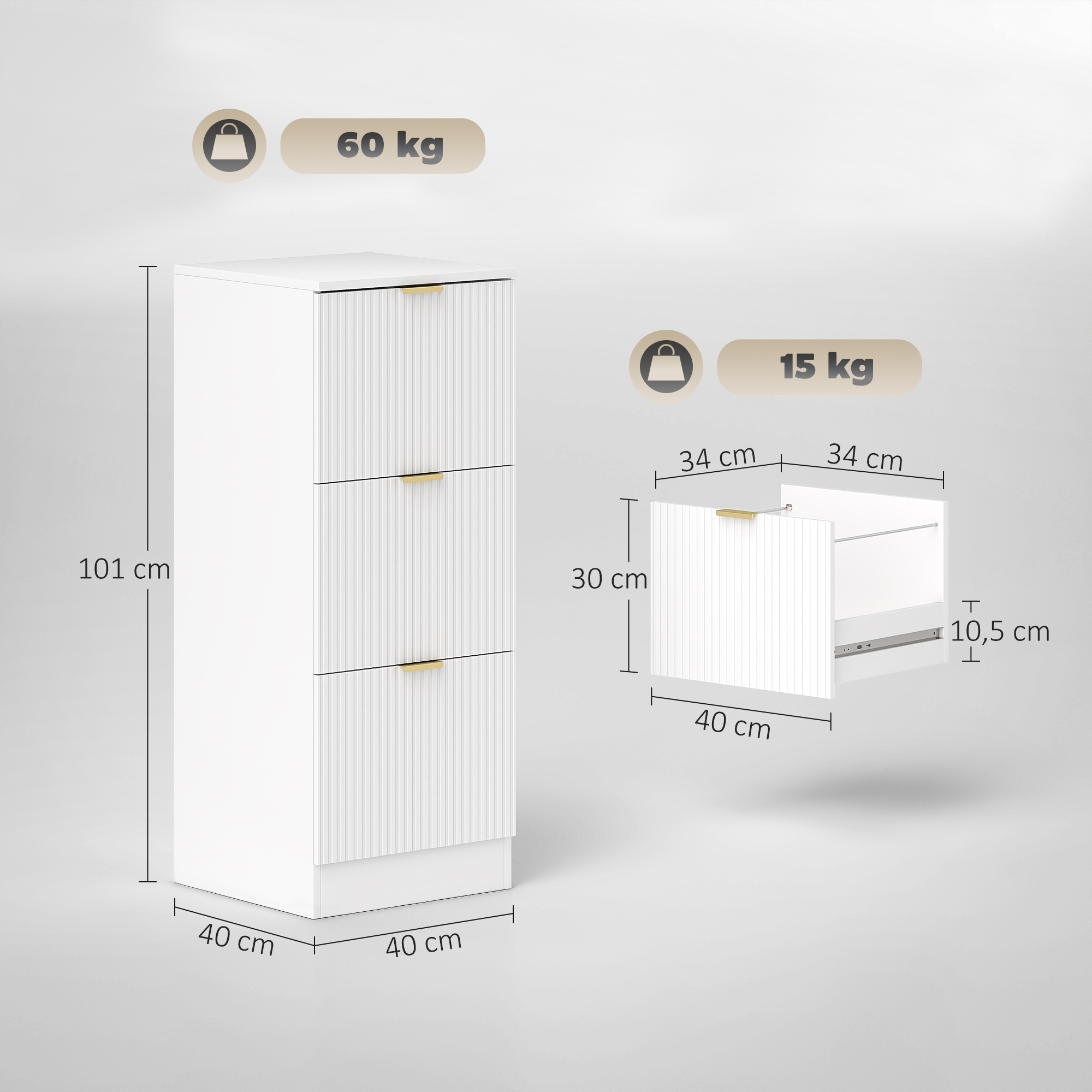 Cómoda blanca de 3 cajones, 101x40x40 cm, capacidad 60 kg. Un cajón abierto.