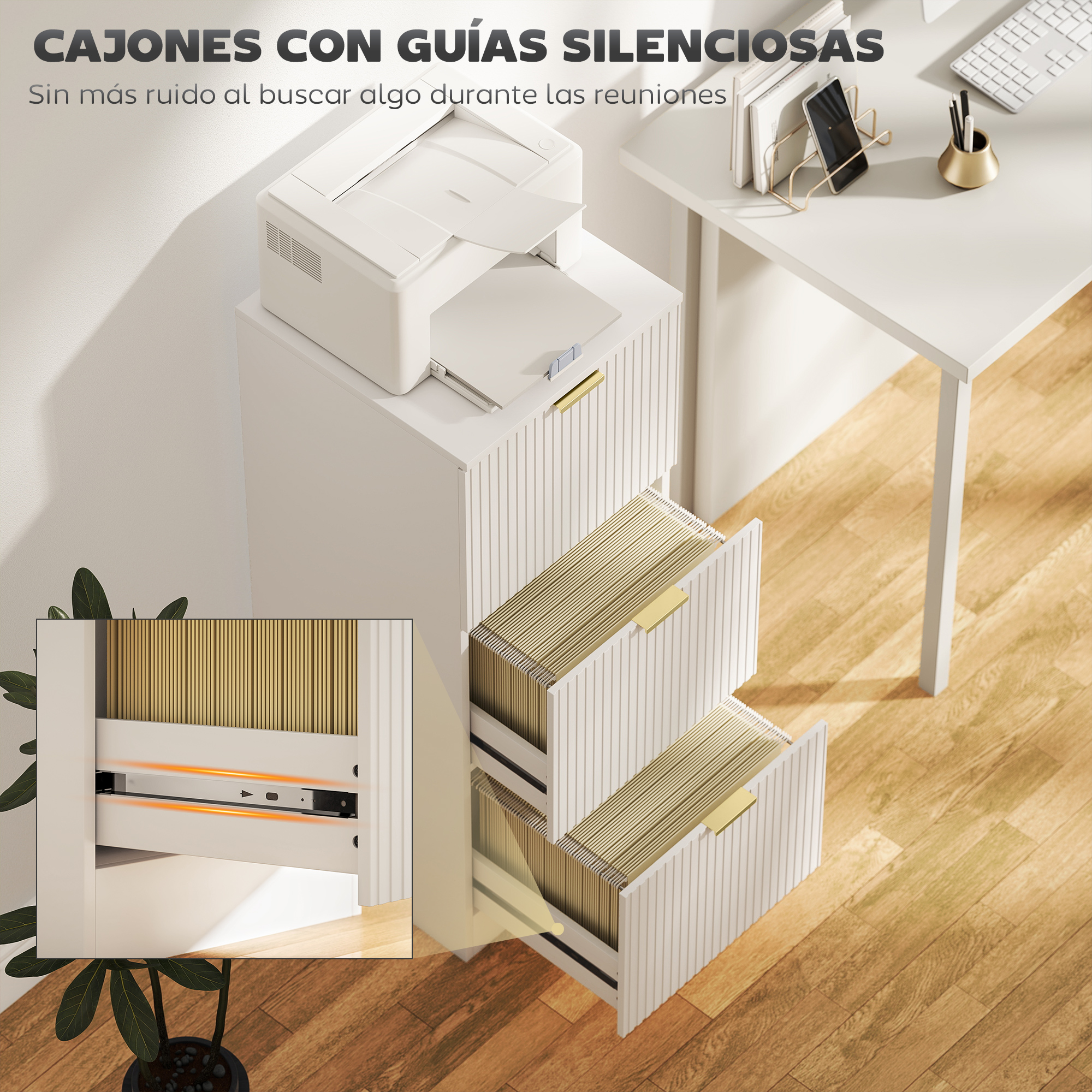 Un archivador blanco con cajones abiertos llenos de carpetas, junto a una impresora.