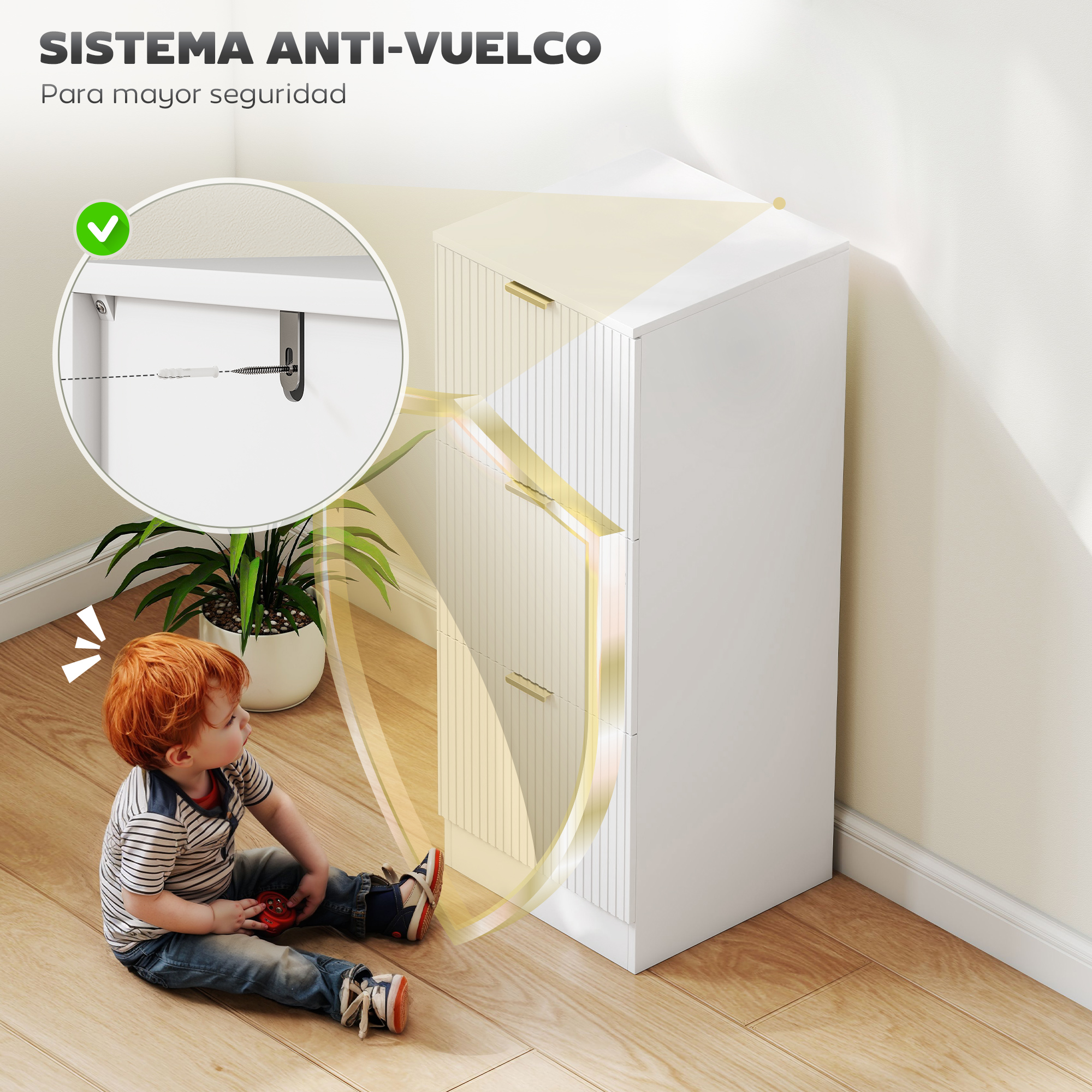 Un niño se sienta en el suelo cerca de un armario blanco. Un diagrama muestra la fijación a la pared.