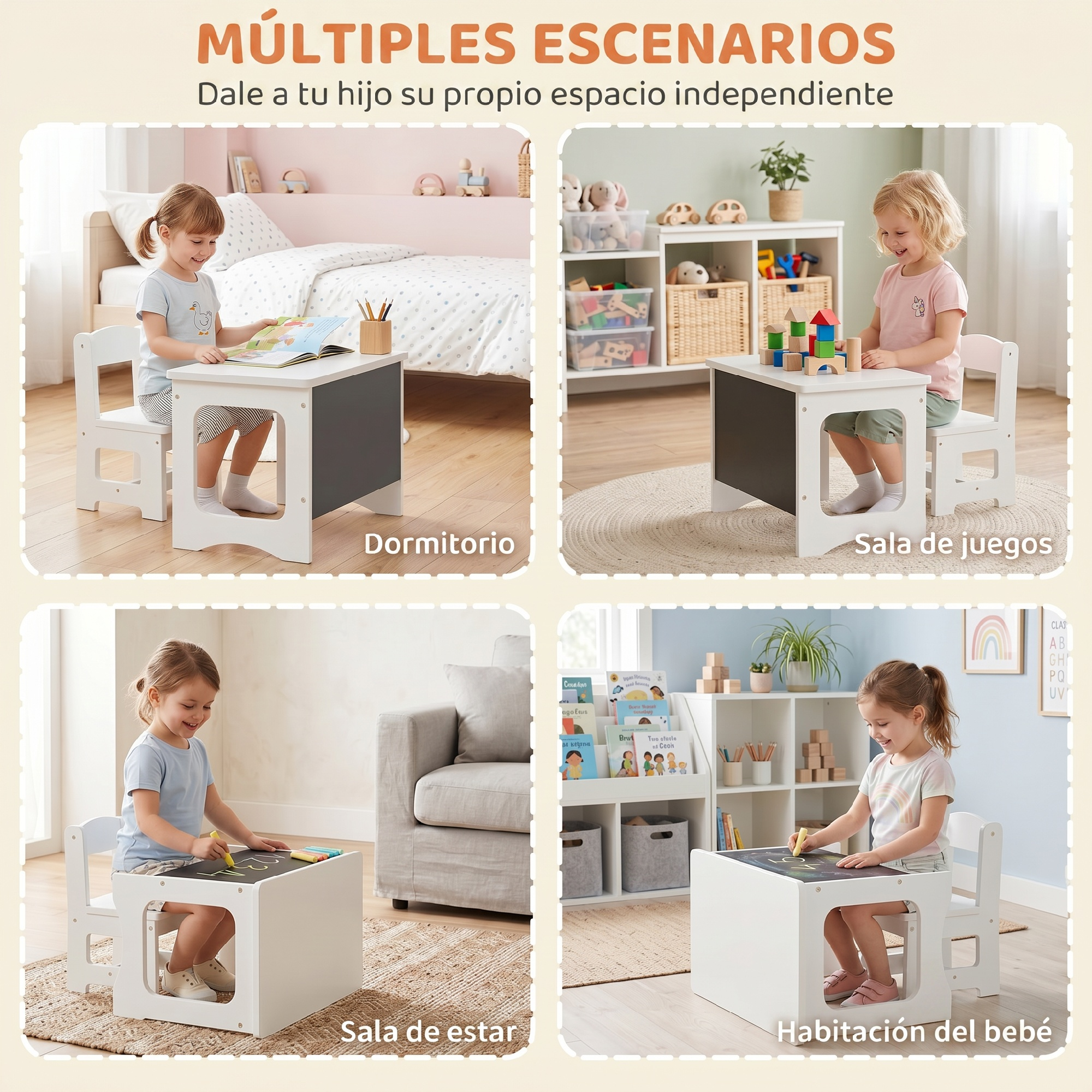 Cuatro escenas con niños en mesas pequeñas: dormitorio, sala de juegos, sala de estar, cuarto bebé.