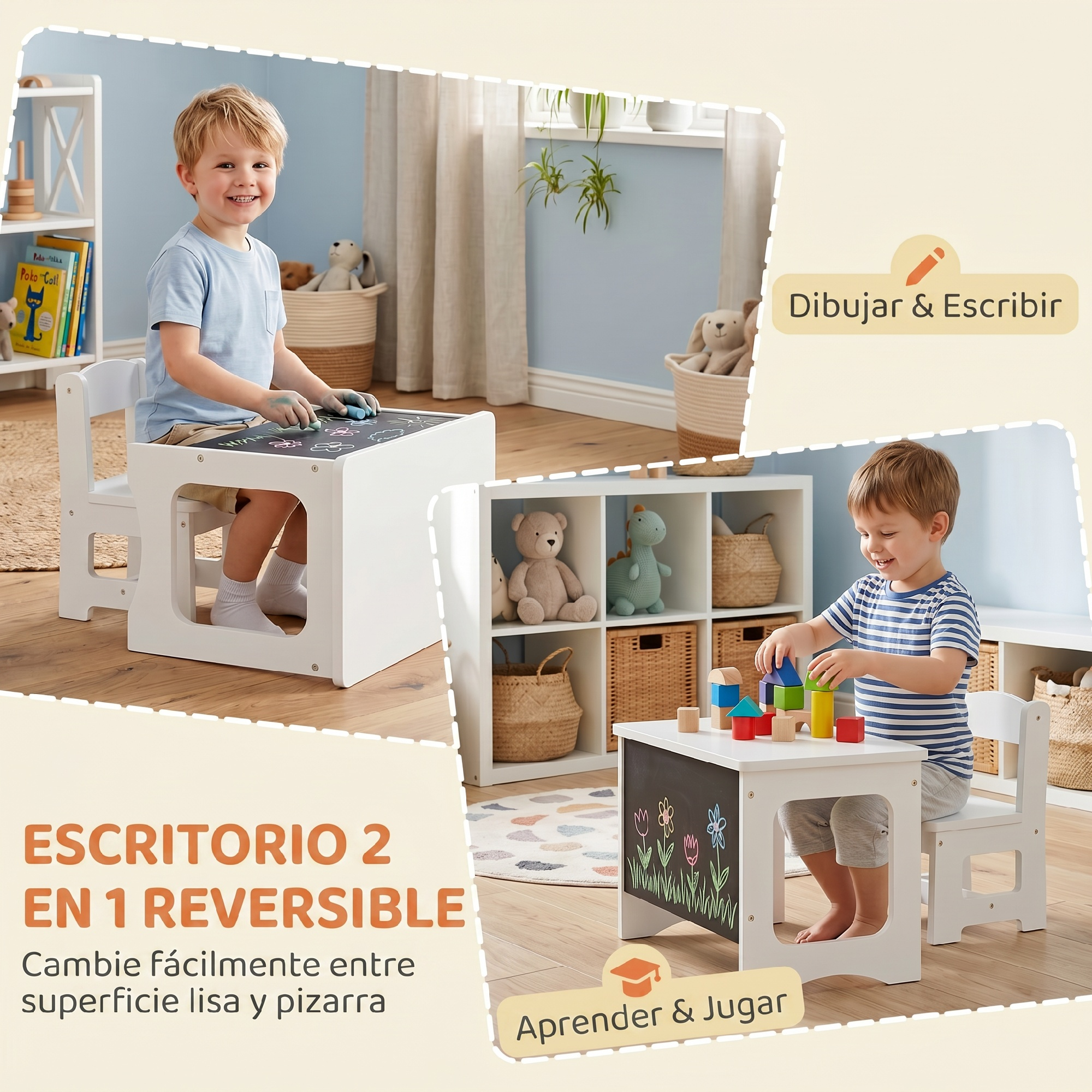 Dos niños juegan en una mesa infantil blanca con pizarra y bloques.