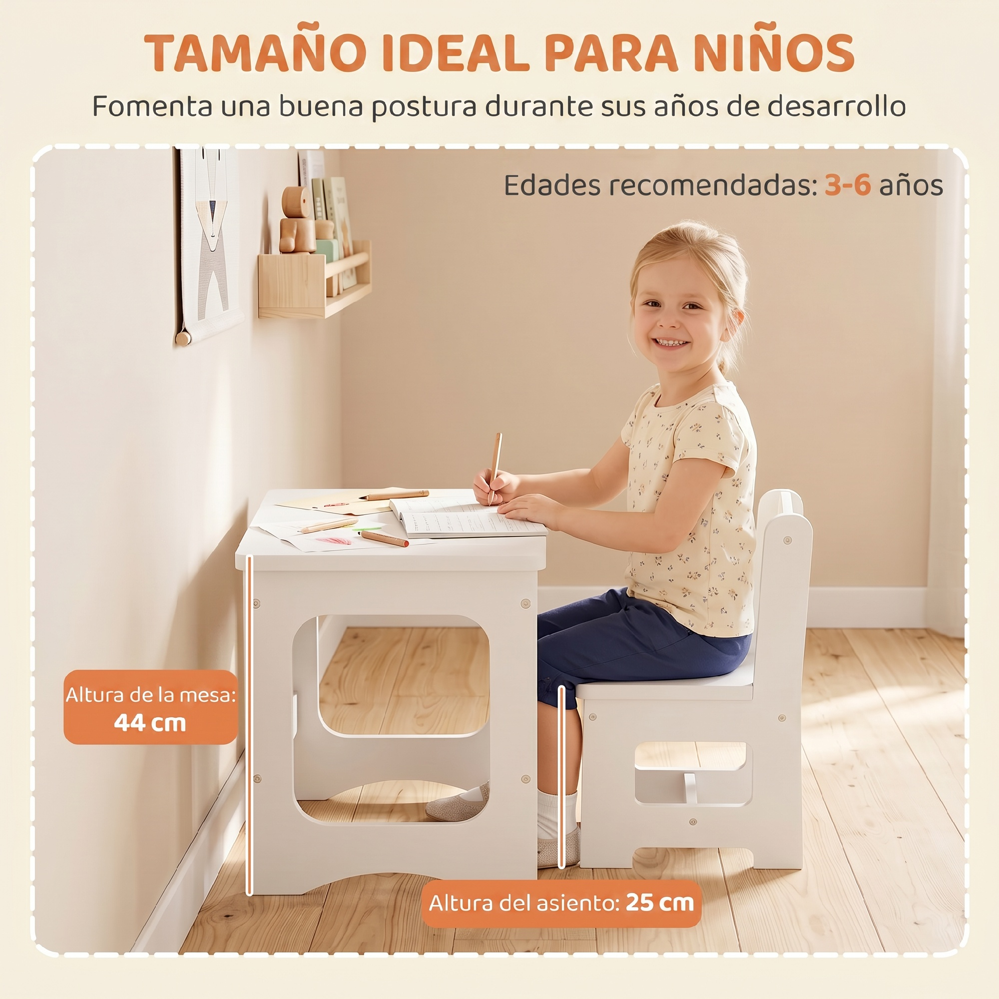 Una niña sentada en un escritorio infantil blanco, escribiendo.