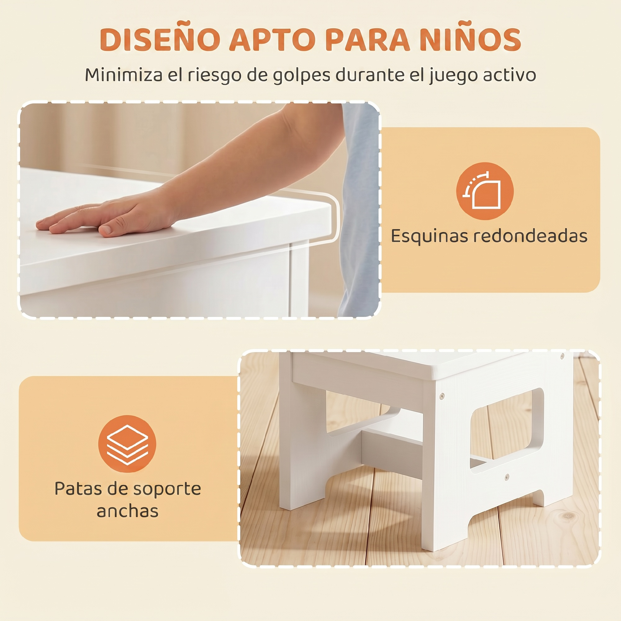 Diseño apto para niños: esquinas redondeadas, patas anchas.