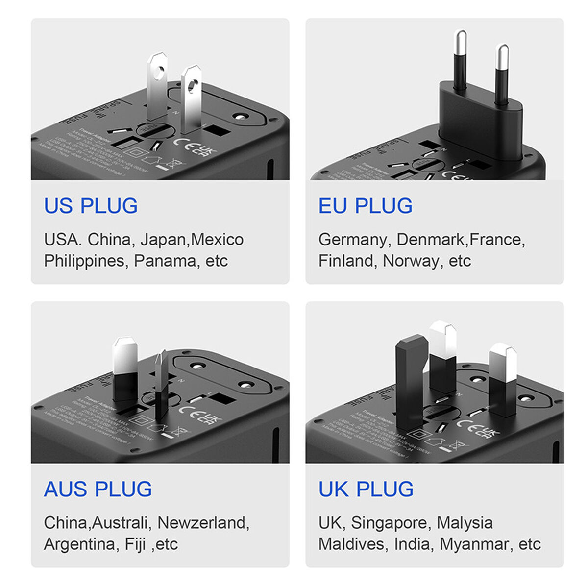 Vier Reiseadapter: USA-, EU-, AUS- und UK-Stecker mit Länderbeispielen.