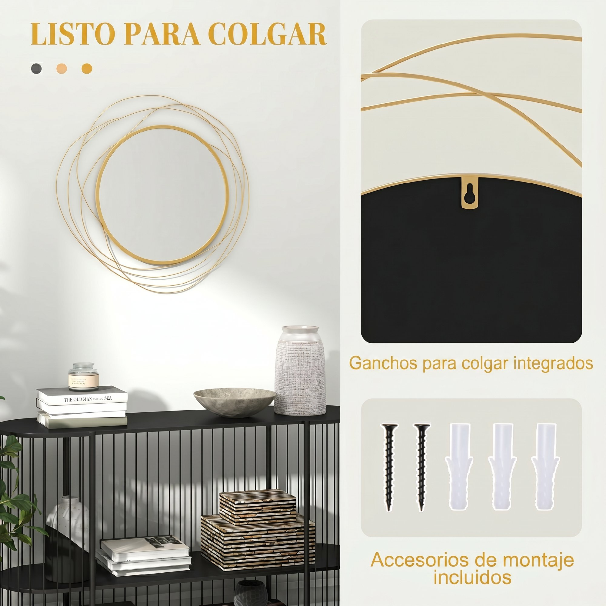 Un espejo redondo con volutas doradas cuelga sobre un estante con decoración.