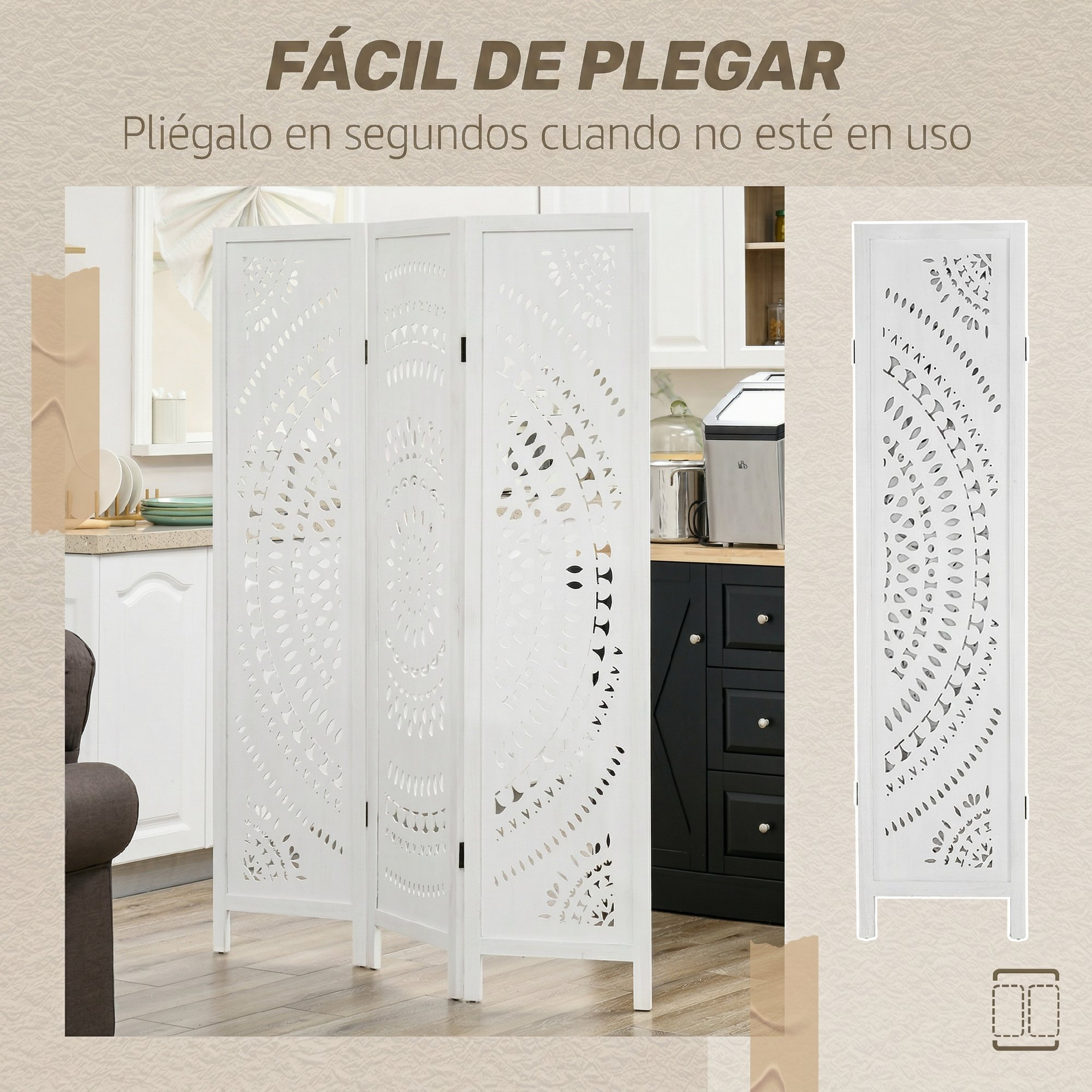 Un divisor de habitación blanco y plegable con patrones intrincados.