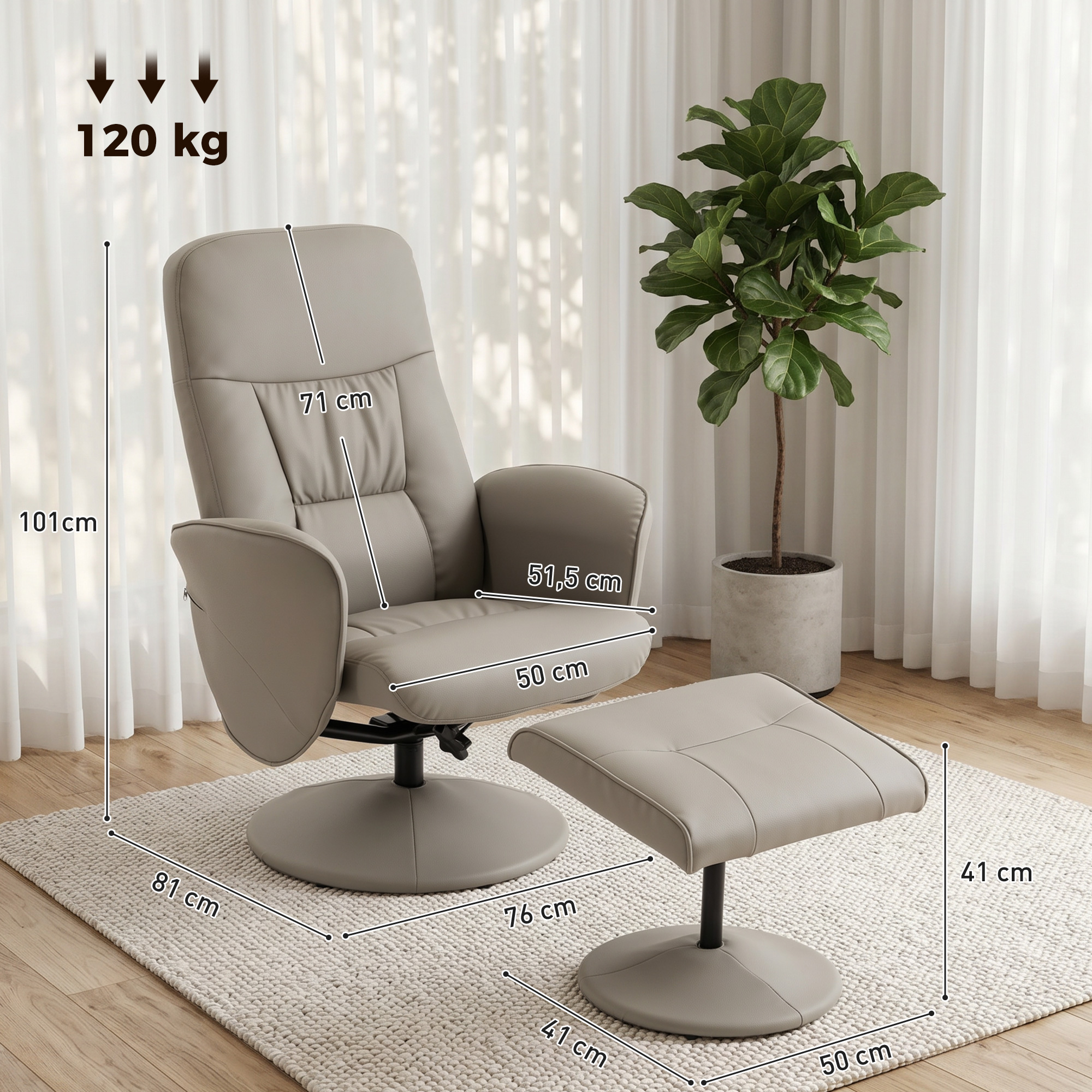 Un sillón reclinable gris claro con otomana, dimensiones mostradas. Carga máx. 120 kg.