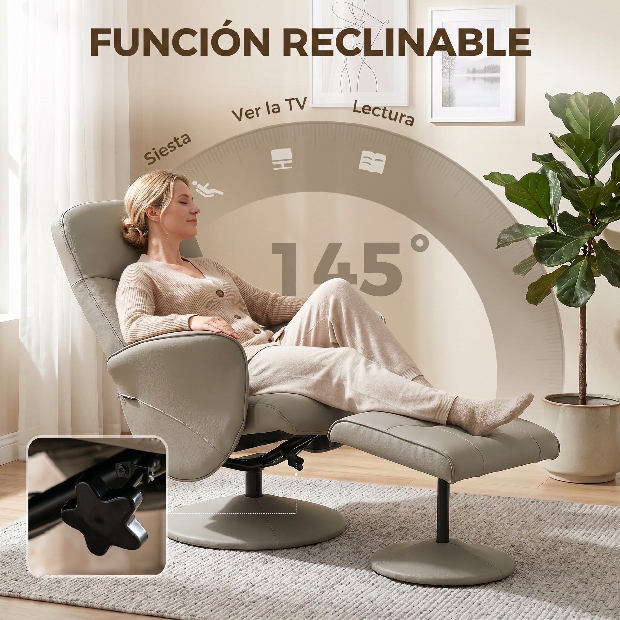 Mujer se relaja en sillón reclinable gris con reposapiés, ángulo de 145°.