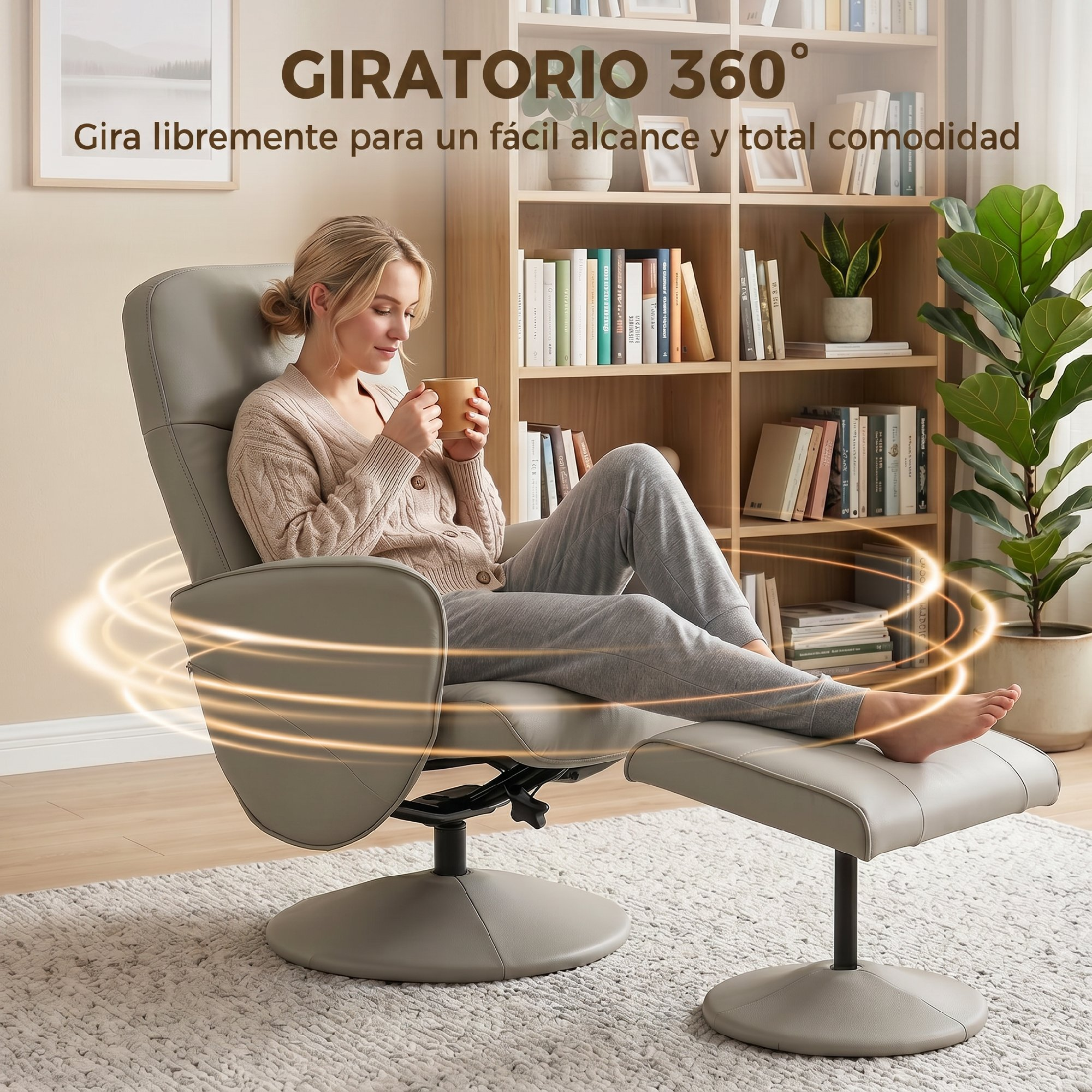 Una mujer sentada en un sillón reclinable gris con reposapiés, sosteniendo una taza.