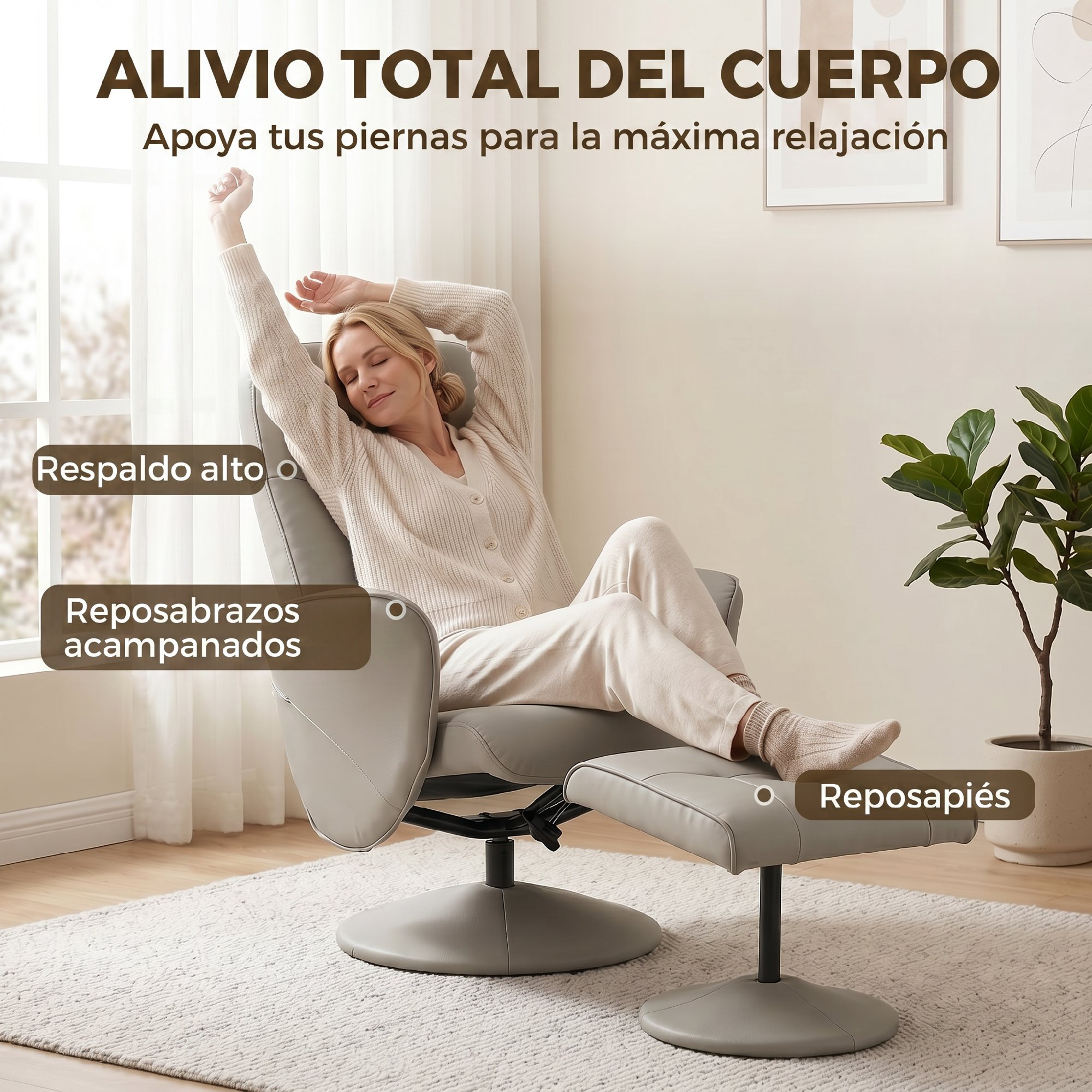 Una mujer se relaja en un sillón gris con reposapiés, brazos estirados.