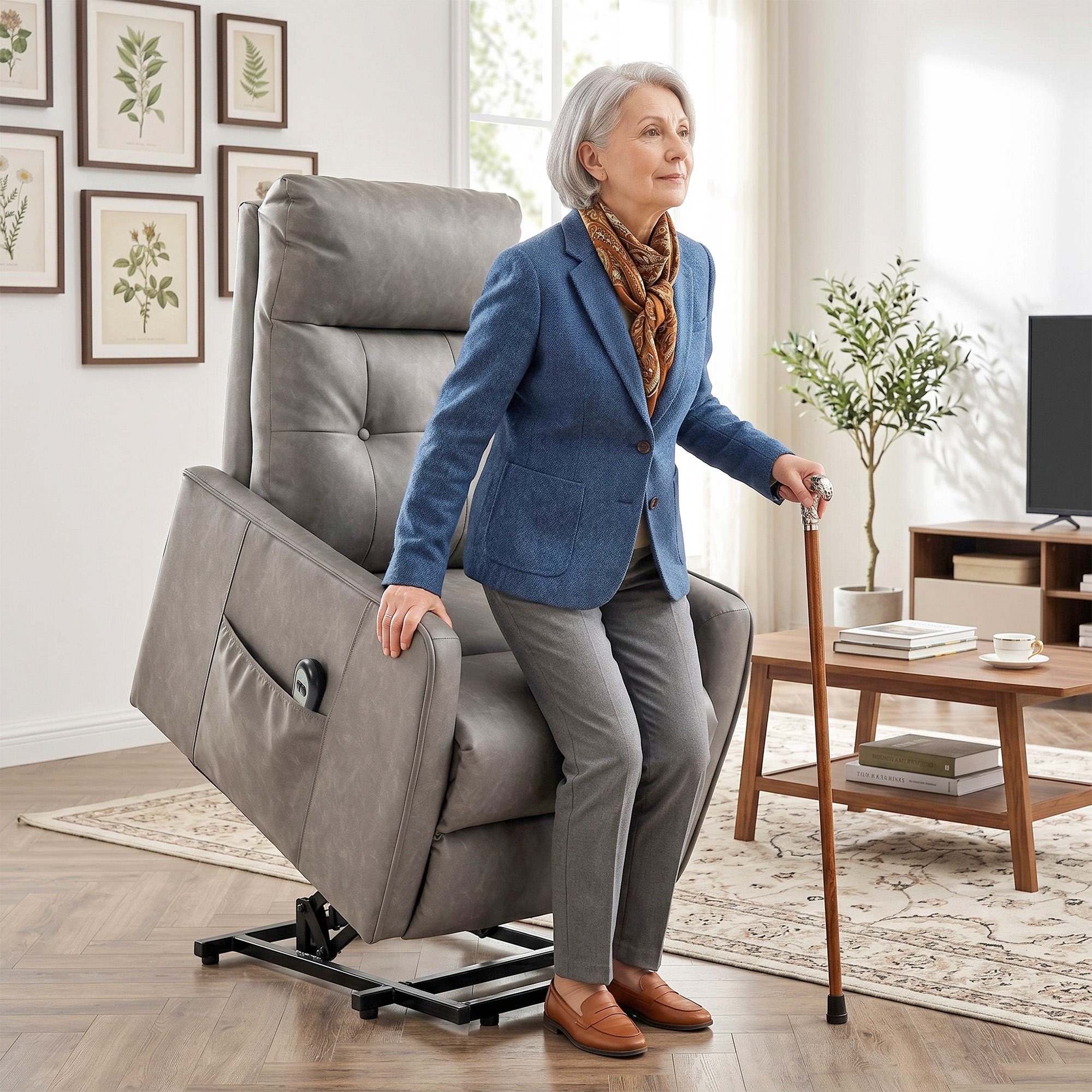 Una mujer mayor con un blazer azul se sienta en un sillón reclinable gris, sosteniendo un bastón.