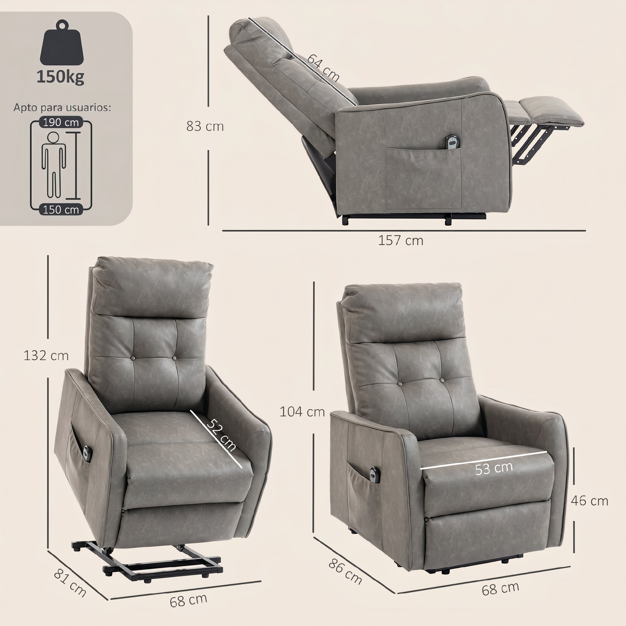 Sillón reclinable gris con medidas y límite de peso.