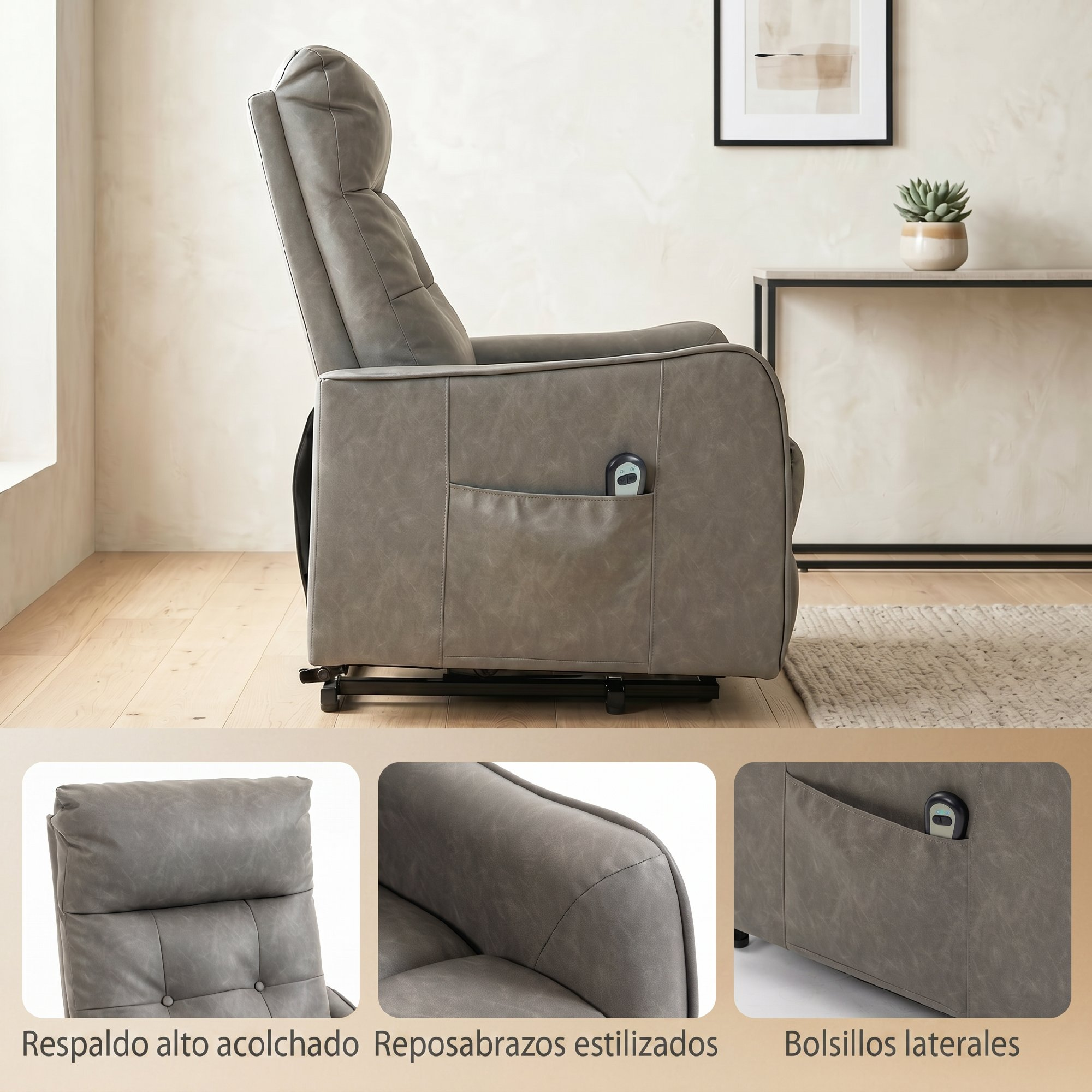 Sillón reclinable gris con respaldo alto acolchado y bolsillos laterales.