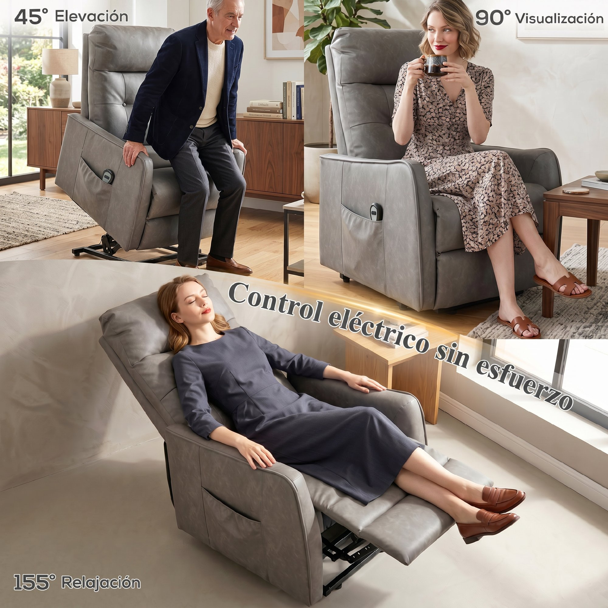 Sillón gris en tres posiciones: hombre erguido, mujer sentada, mujer reclinada.