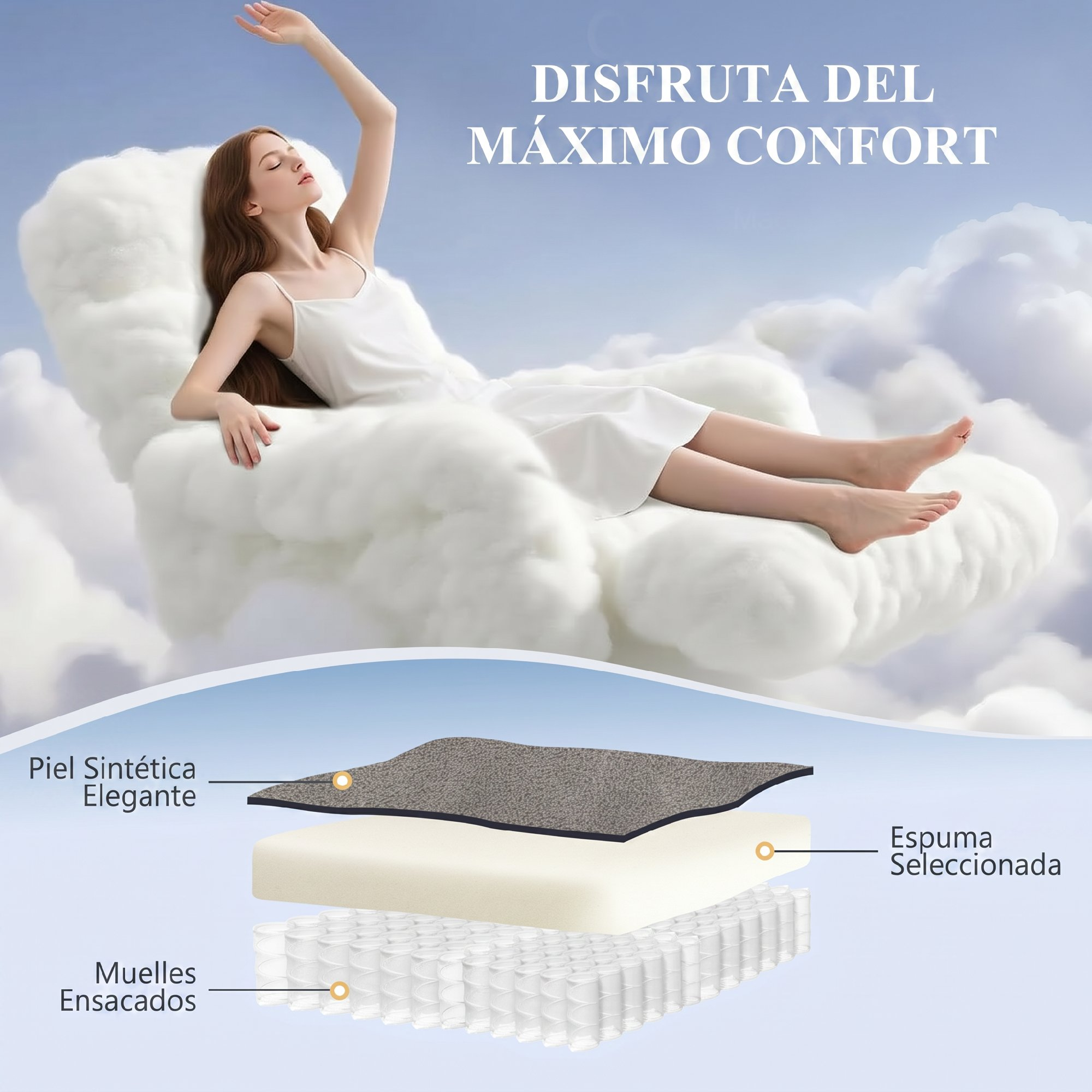 Mujer relajándose en nubes; capas de colchón muestran espuma y resortes.