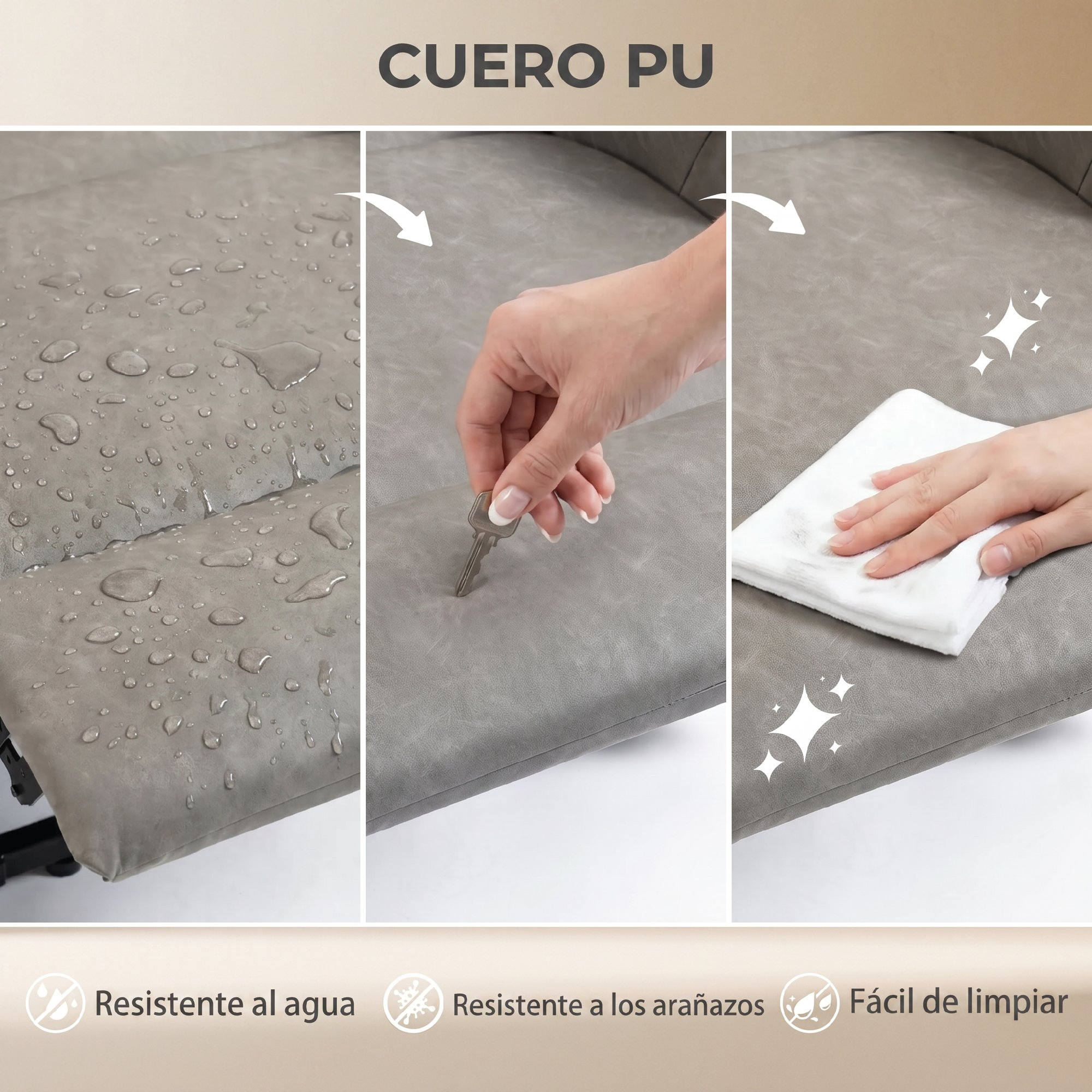 Cuero PU gris que muestra características de agua, arañazos y limpieza fácil.