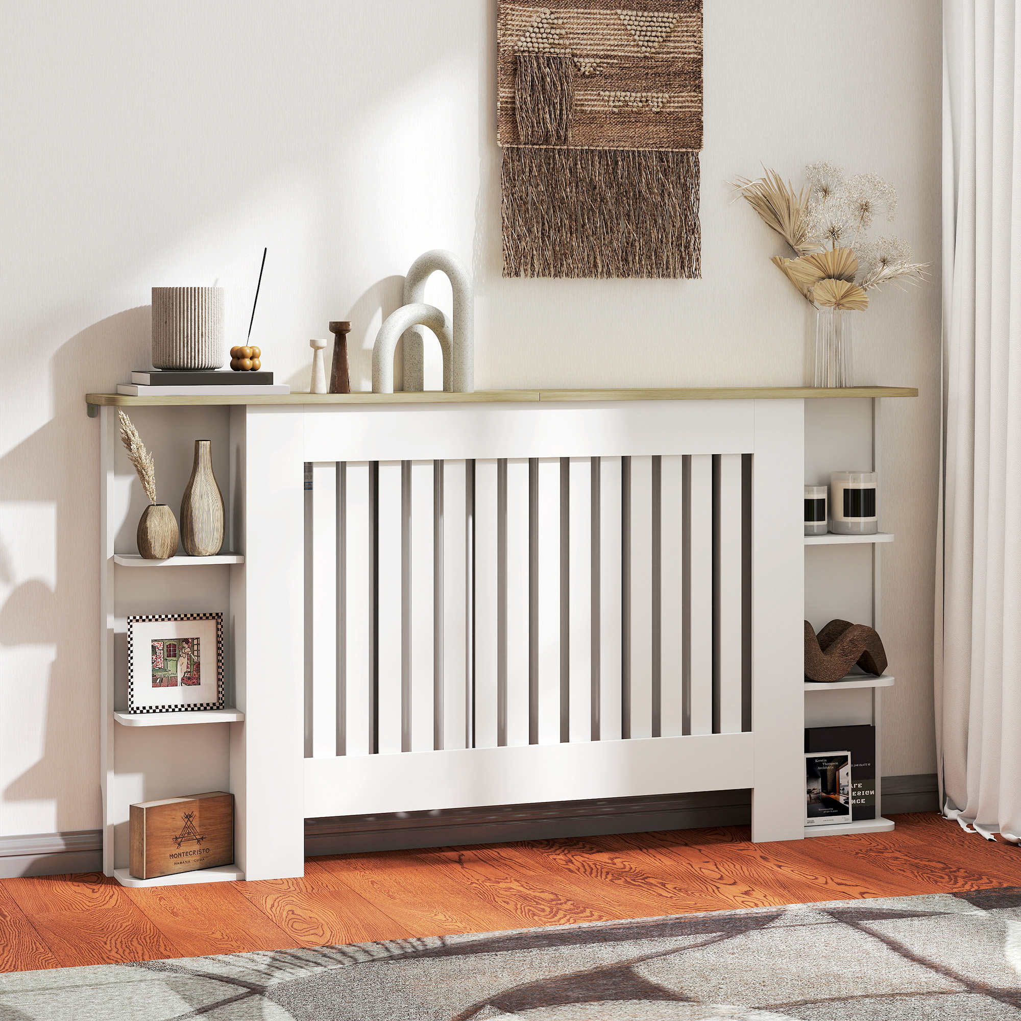 Una cubierta de radiador blanca con estantes, decorada con jarrones y libros.