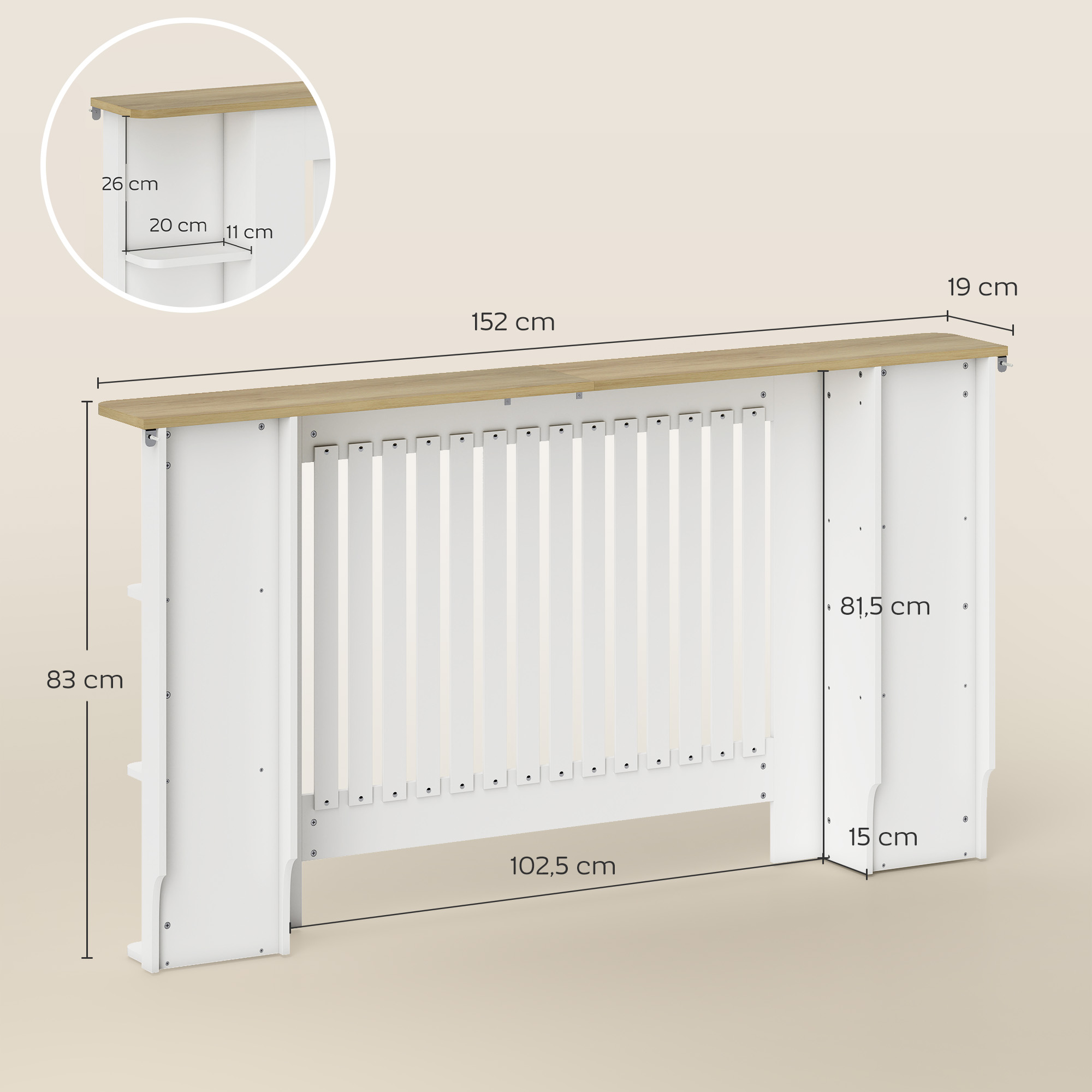 Cabecero blanco con tablero de madera y listones verticales. Se indican dimensiones.