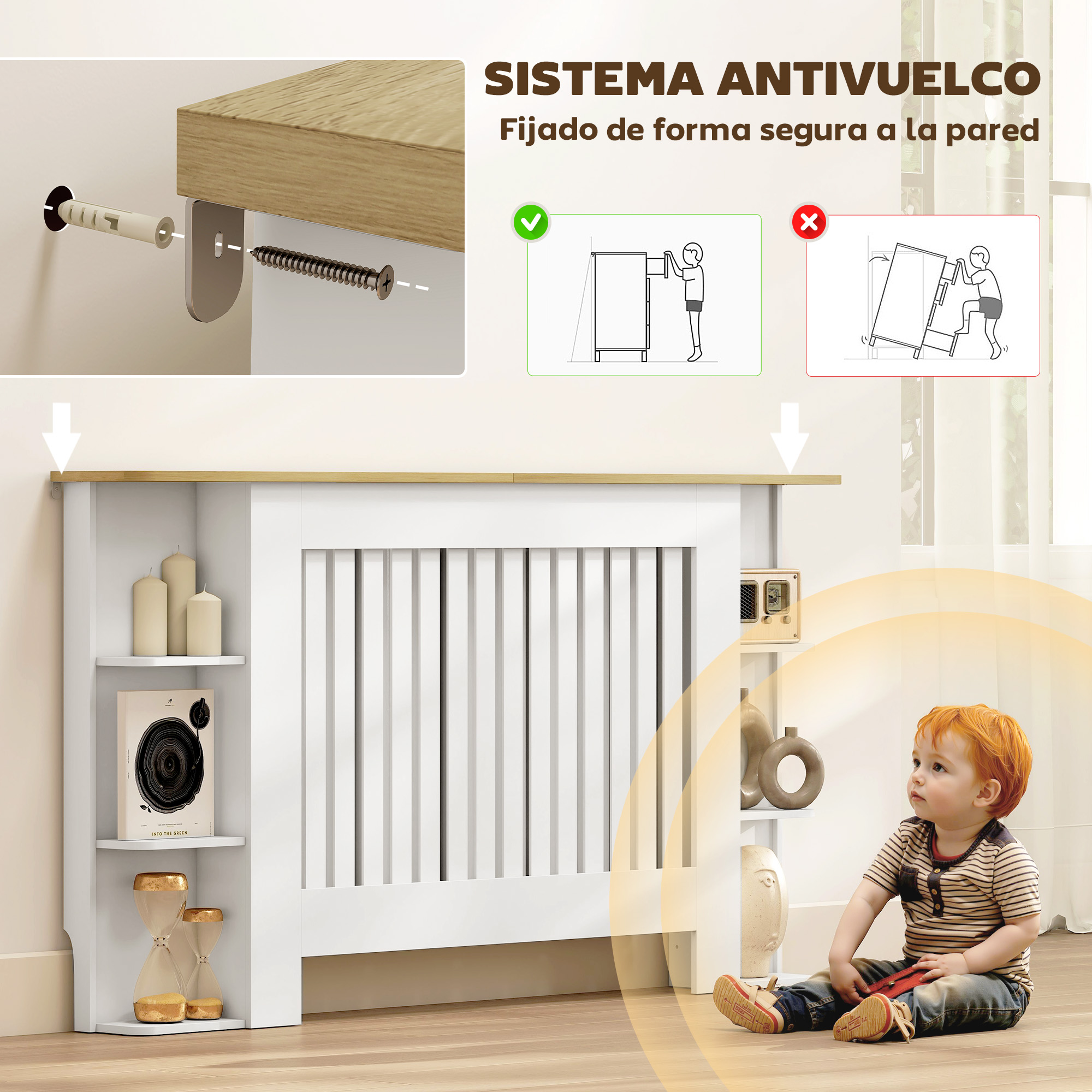 Un niño pequeño se sienta junto a una cubierta de radiador blanca con tapa de madera.